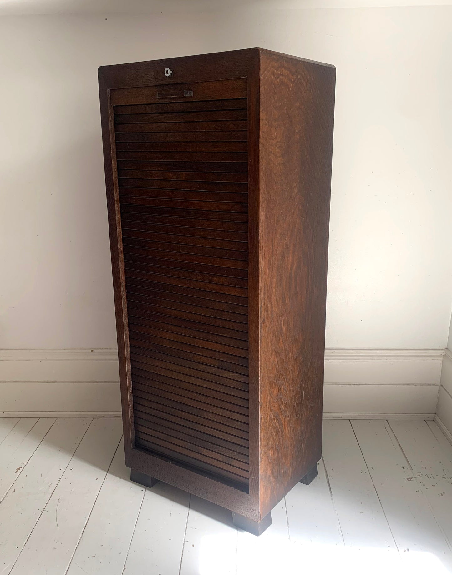 Vintage French Oak Tambour Free Standing Filing Cabinet With Pull Out Shelves