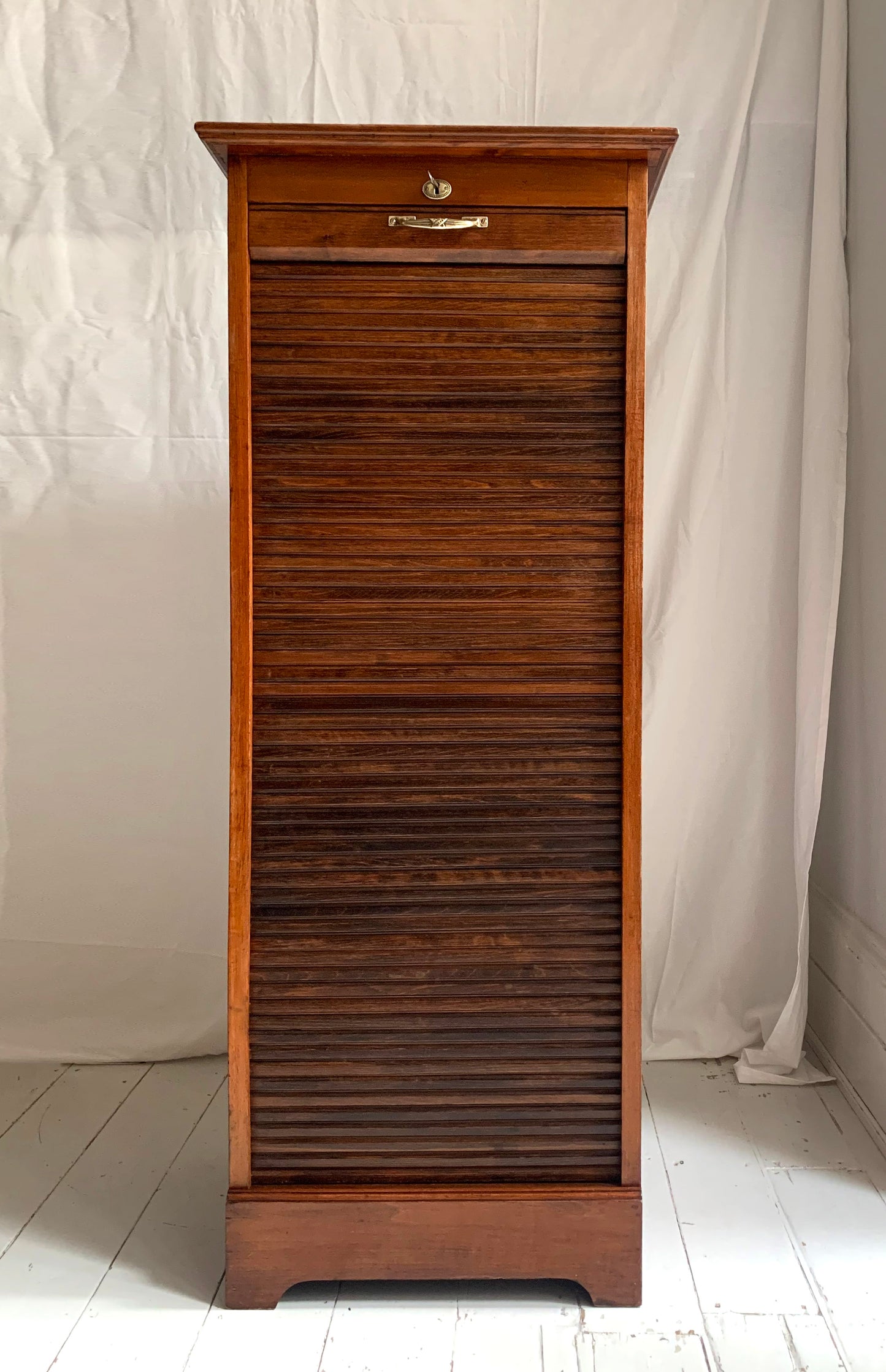 Vintage French Oak Tambour Free Standing Filing Cabinet With Pull Out Shelves