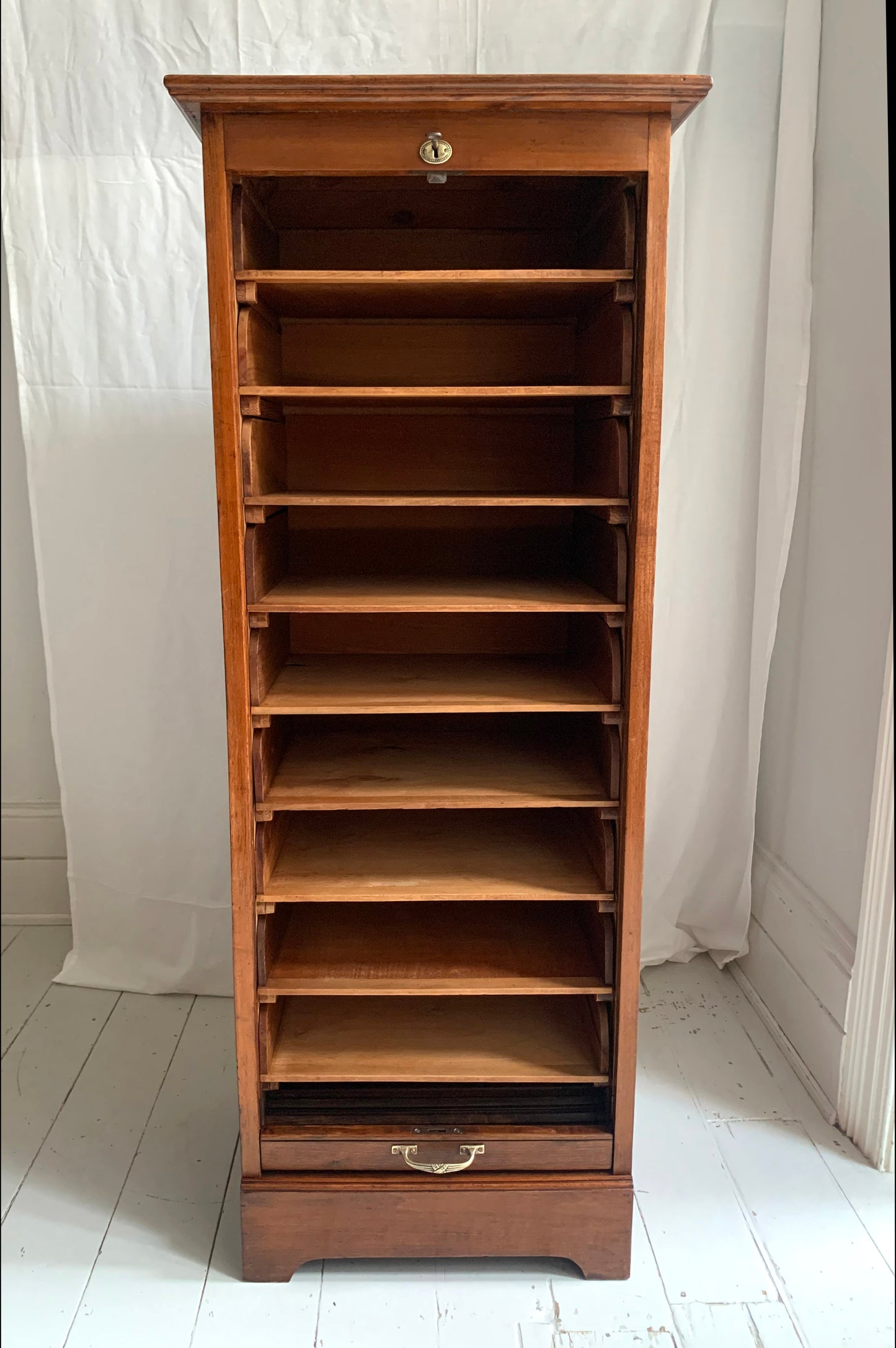 Vintage French Oak Tambour Free Standing Filing Cabinet With Pull Out Shelves