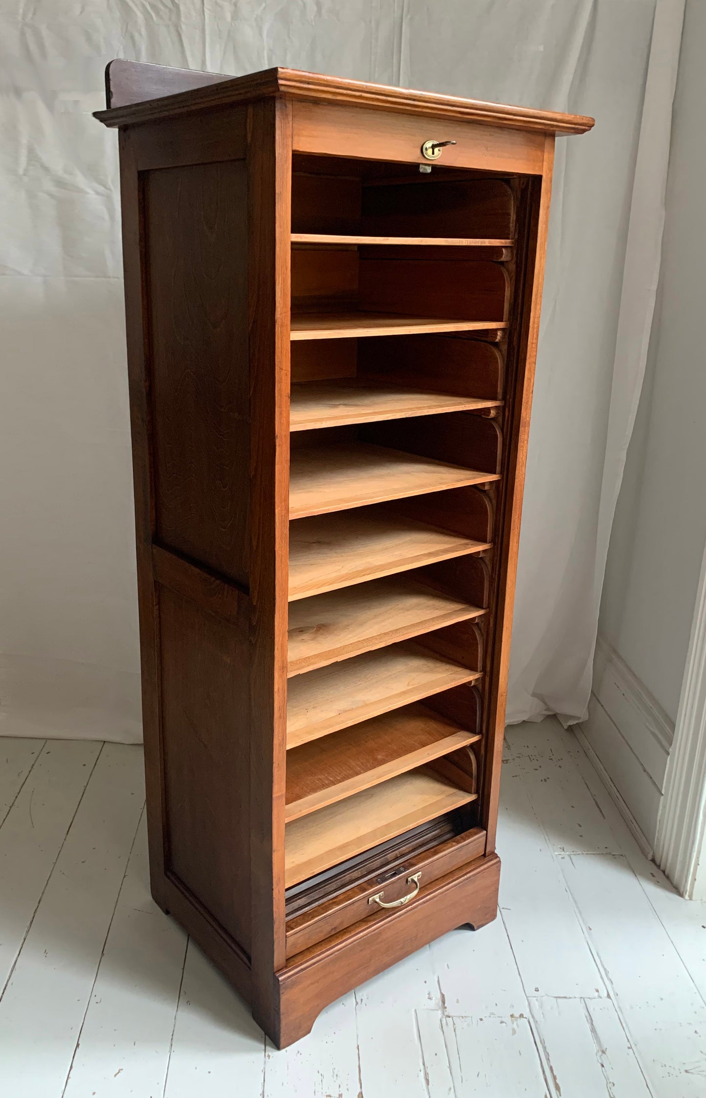 Vintage French Oak Tambour Free Standing Filing Cabinet With Pull Out Shelves