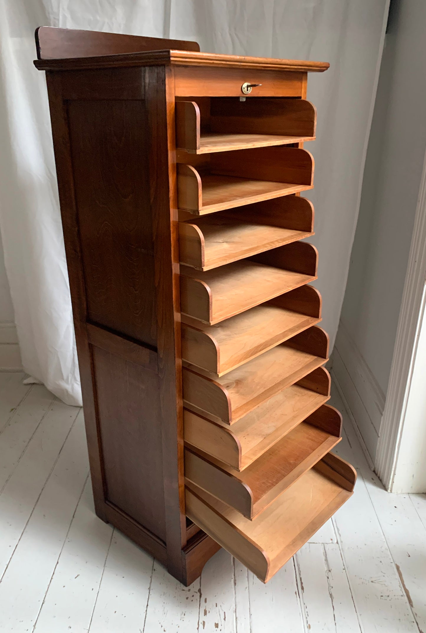 Vintage French Oak Tambour Free Standing Filing Cabinet With Pull Out Shelves