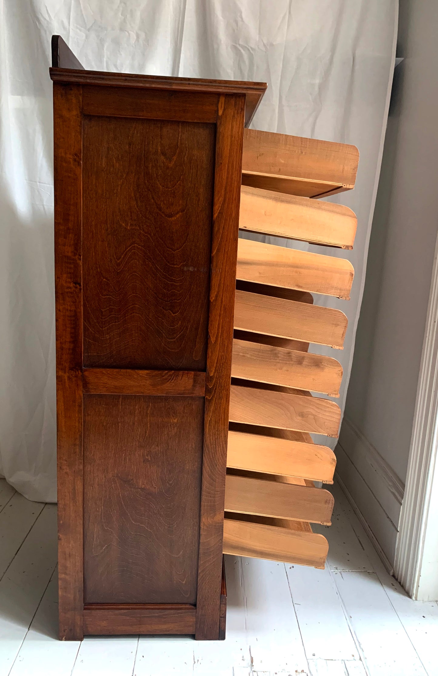 Vintage French Oak Tambour Free Standing Filing Cabinet With Pull Out Shelves