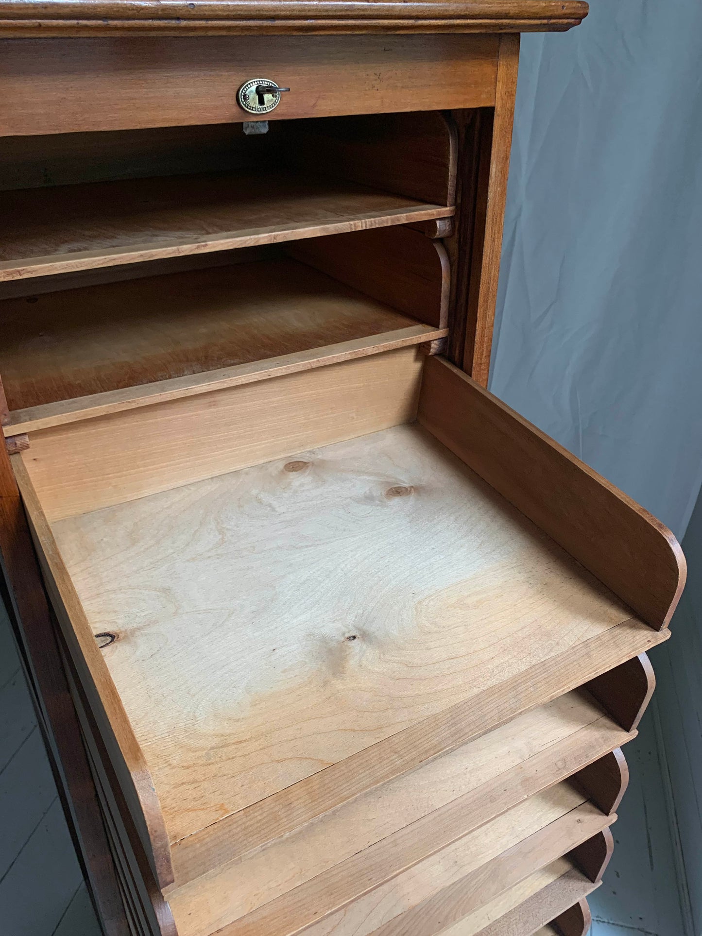 Vintage French Oak Tambour Free Standing Filing Cabinet With Pull Out Shelves