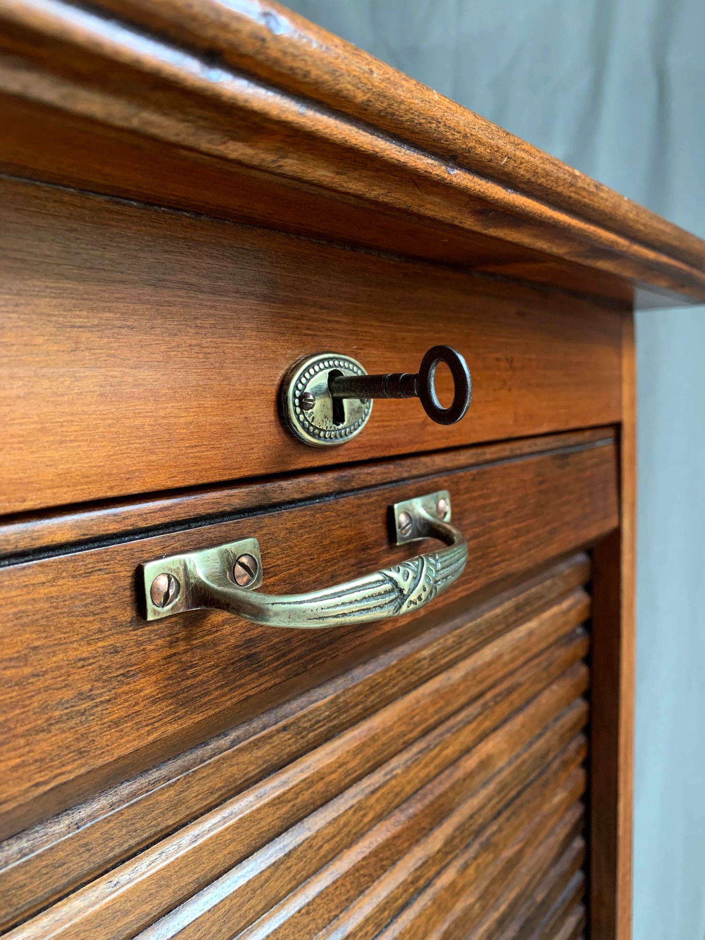 Vintage French Oak Tambour Free Standing Filing Cabinet With Pull Out Shelves