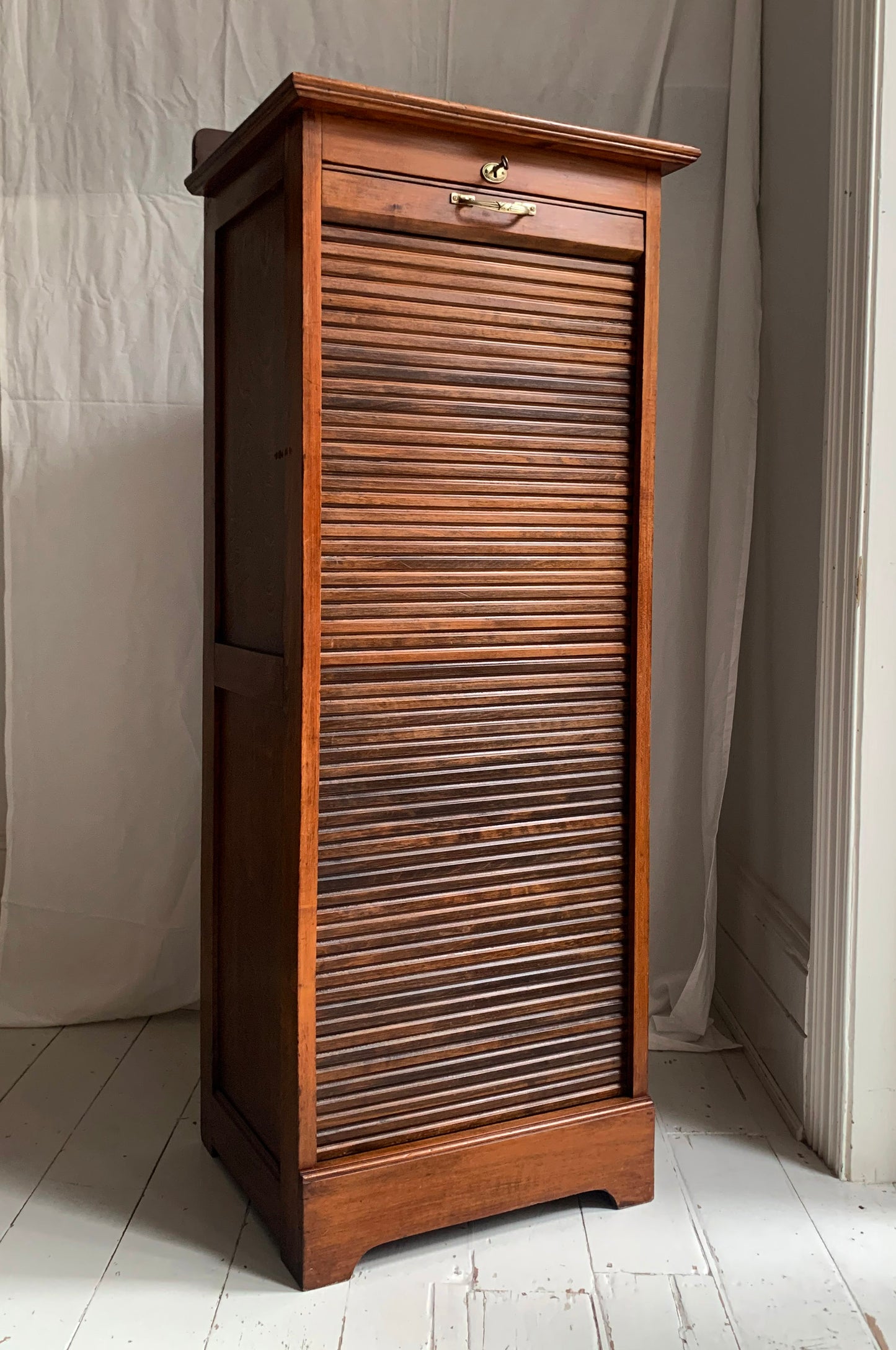 Vintage French Oak Tambour Free Standing Filing Cabinet With Pull Out Shelves