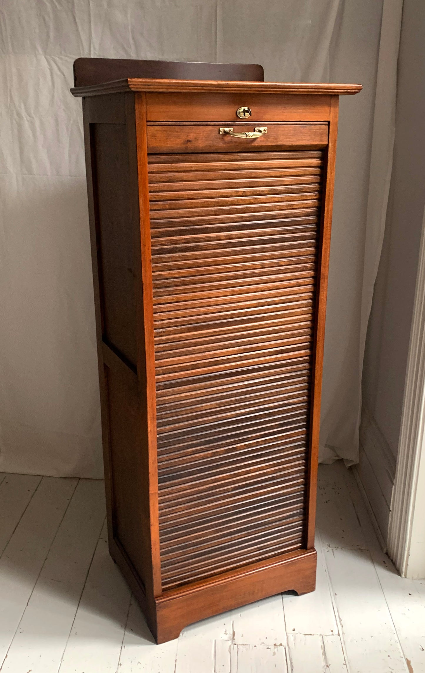 Vintage French Oak Tambour Free Standing Filing Cabinet With Pull Out Shelves