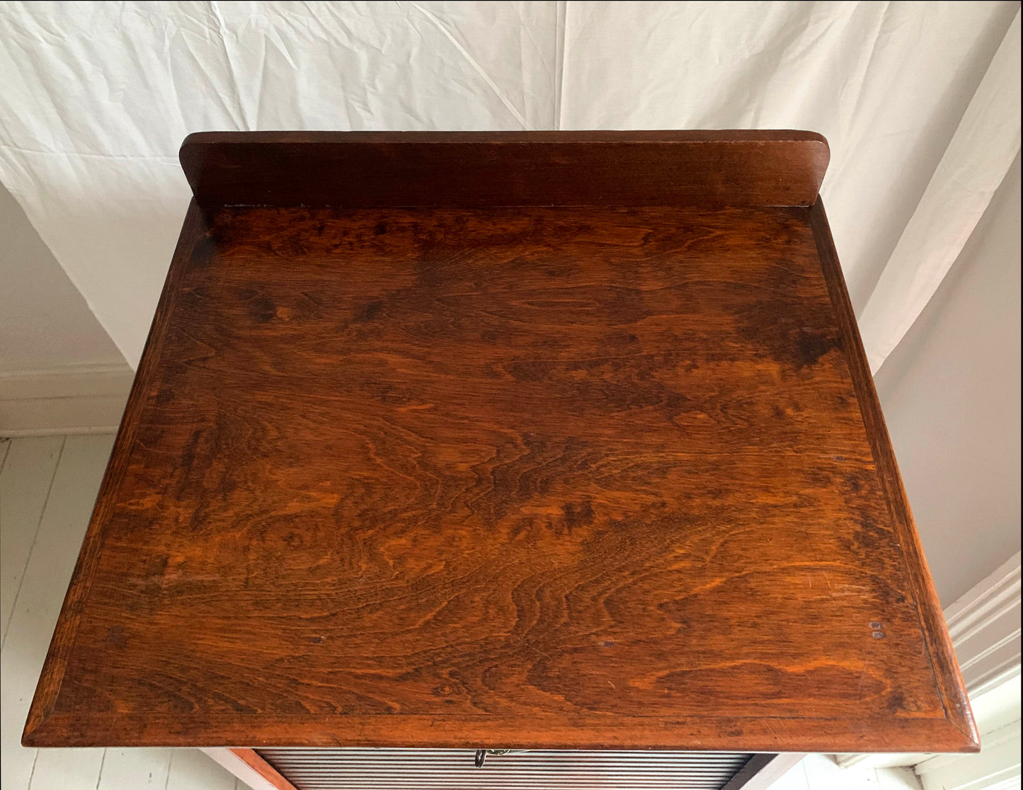 Vintage French Oak Tambour Free Standing Filing Cabinet With Pull Out Shelves
