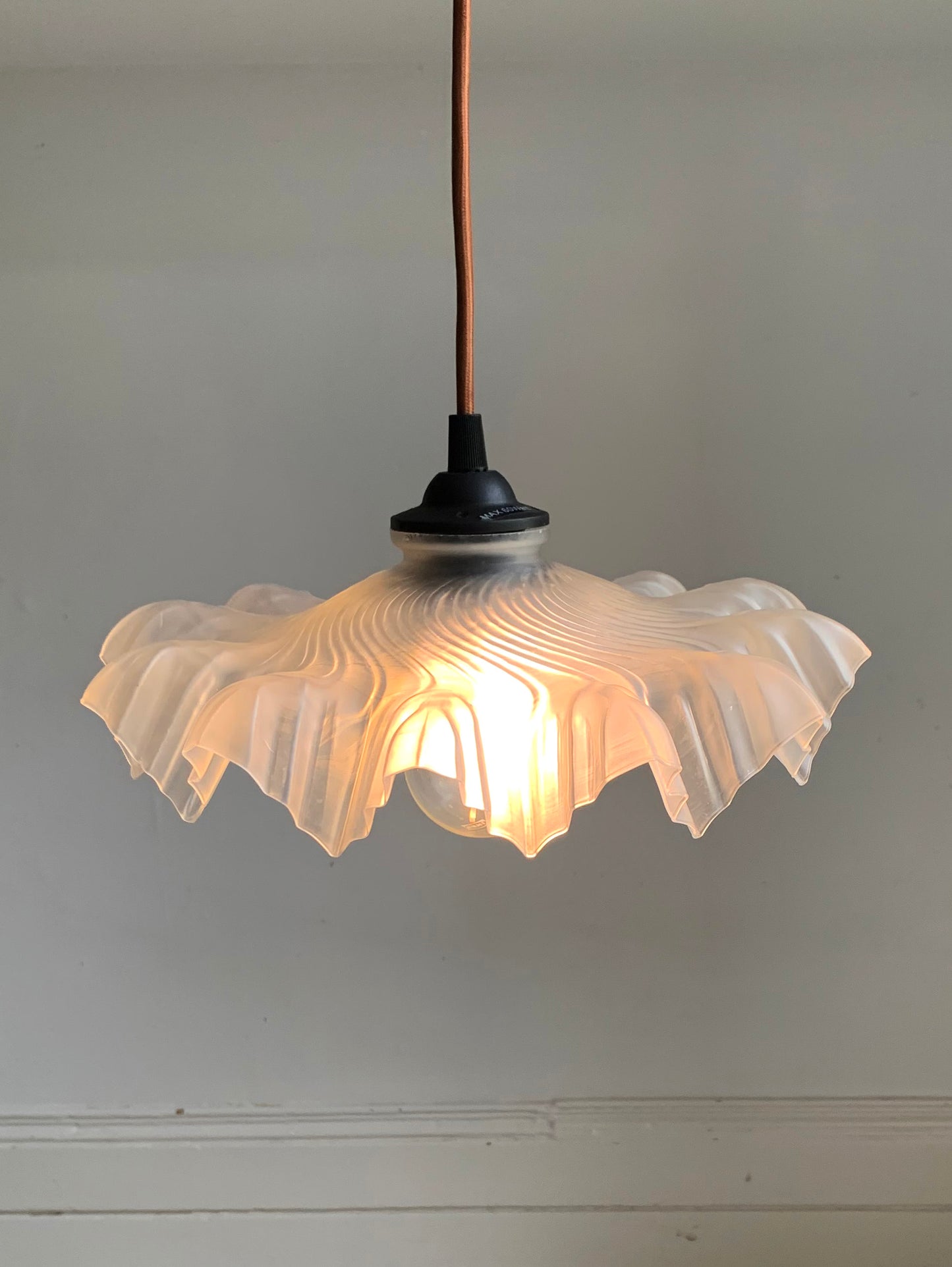 Vintage French White Opaque Glass Frilly Ceiling Pendant Light Shade