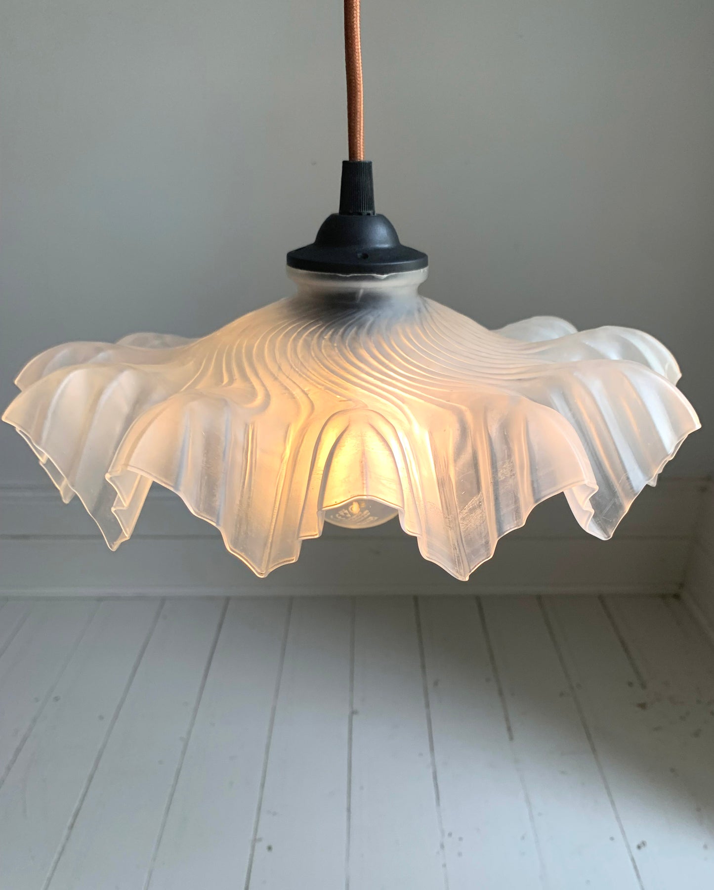 Vintage French White Opaque Glass Frilly Ceiling Pendant Light Shade