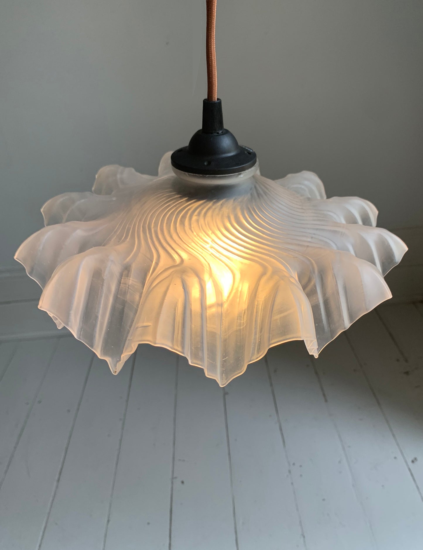 Vintage French White Opaque Glass Frilly Ceiling Pendant Light Shade