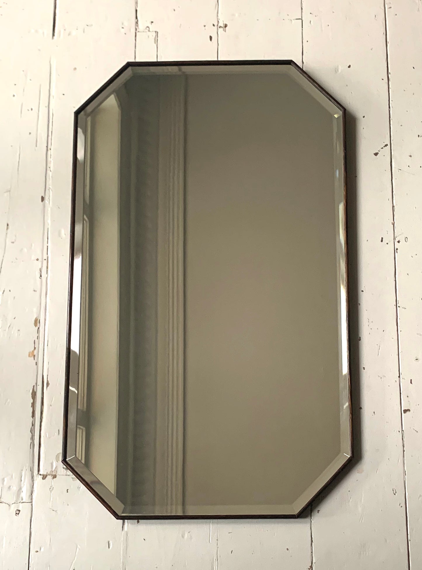 Vintage Hexagonal Mirror w/ Bevelled Glass & Narrow Wooden Frame, Portrait Style