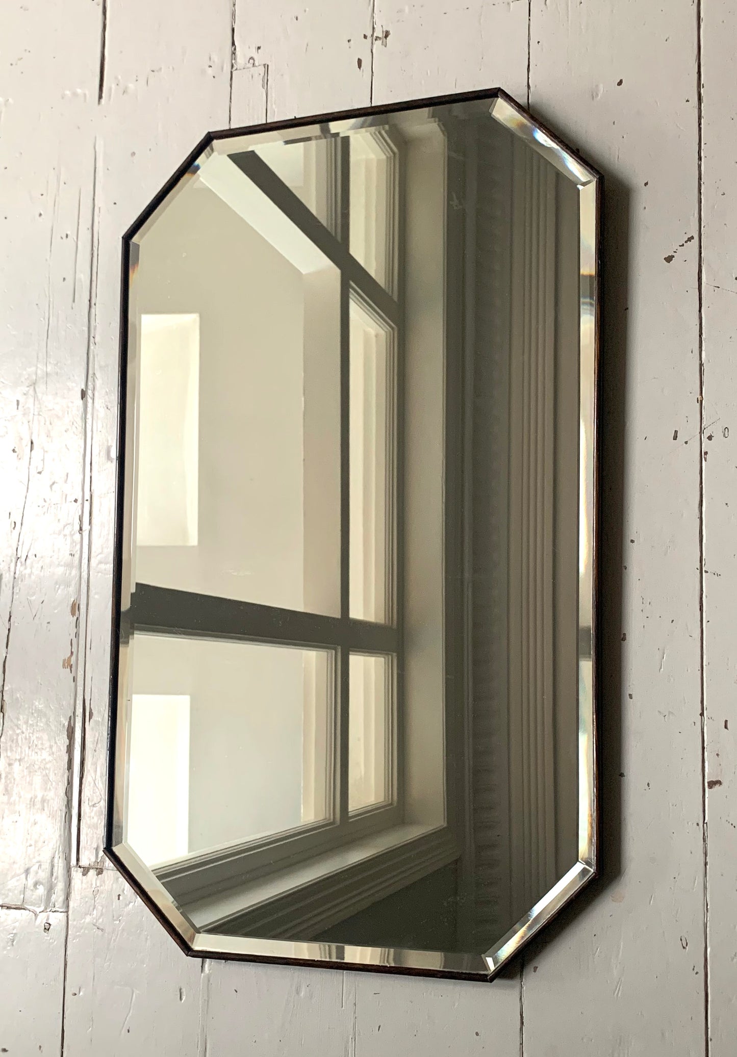 Vintage Hexagonal Mirror w/ Bevelled Glass & Narrow Wooden Frame, Portrait Style
