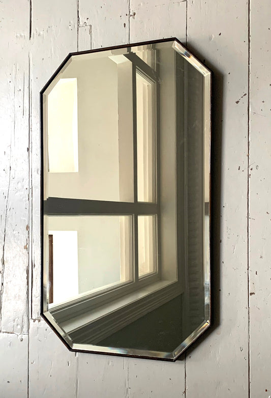 Vintage Hexagonal Mirror w/ Bevelled Glass & Narrow Wooden Frame, Portrait Style