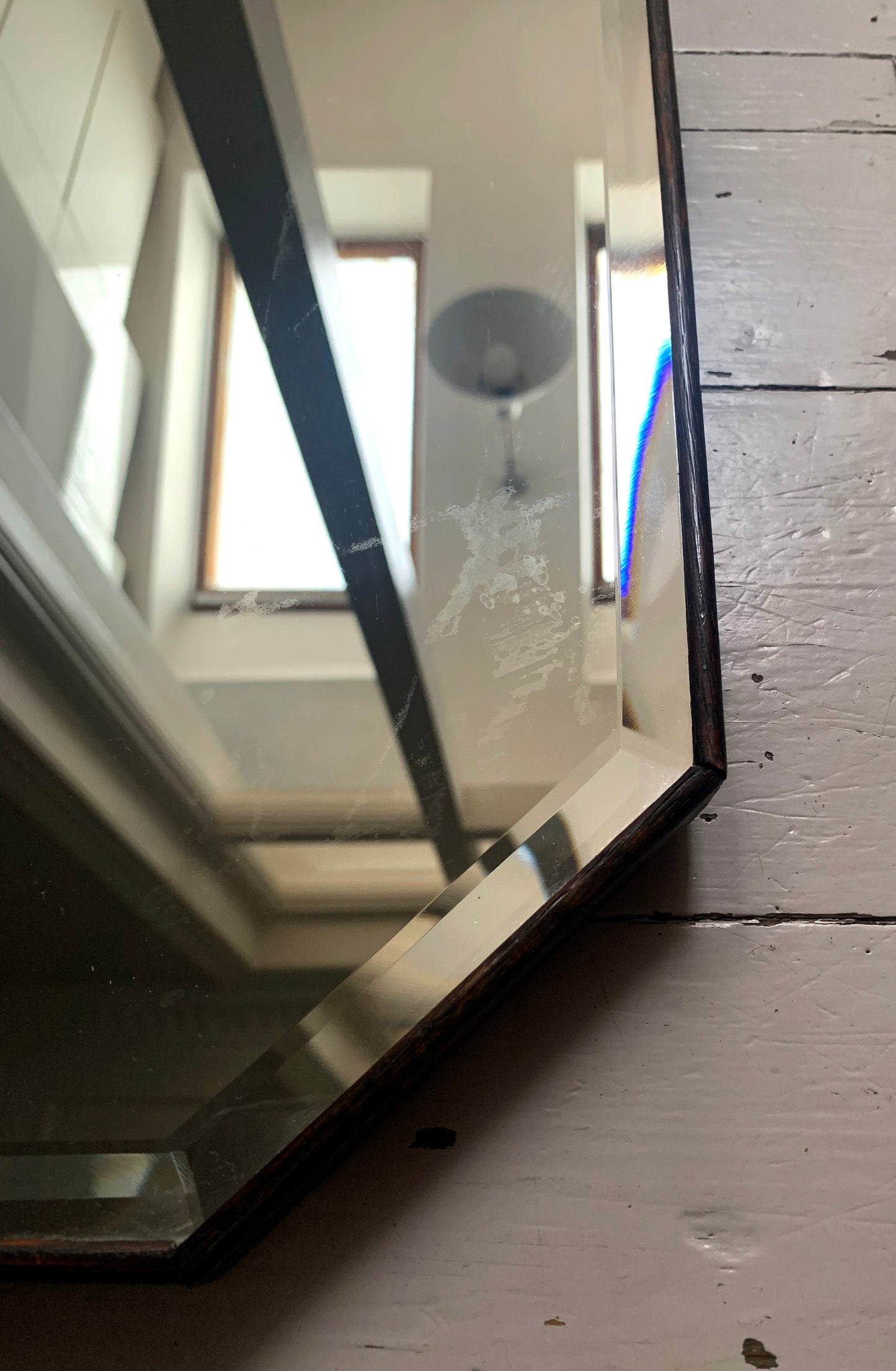 Vintage Hexagonal Mirror w/ Bevelled Glass & Narrow Wooden Frame, Portrait Style