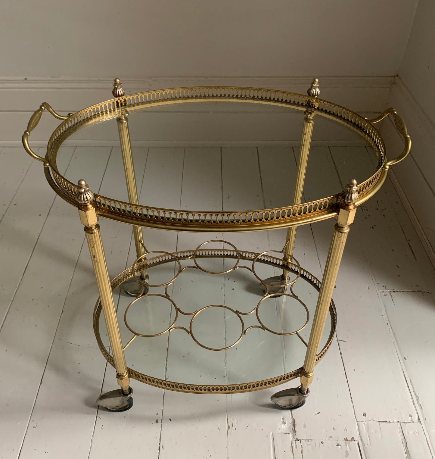 Vintage Hollywood Regency Neoclassical Brass Plated Drinks Trolley / Bar Cart