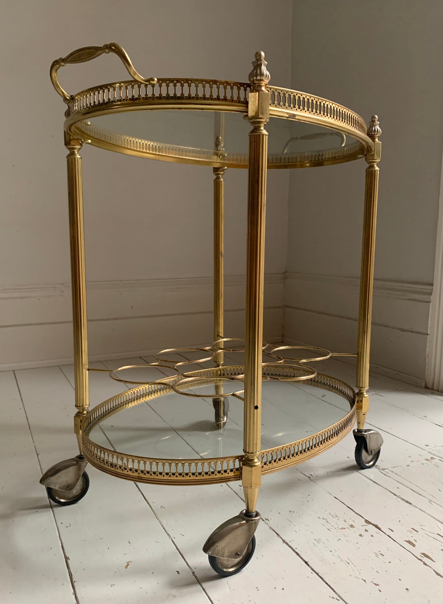 Vintage Hollywood Regency Neoclassical Brass Plated Drinks Trolley / Bar Cart