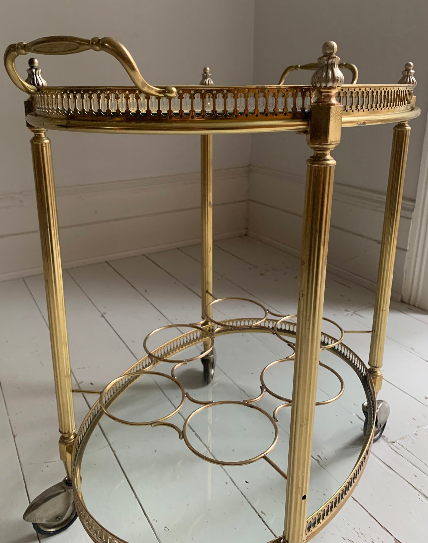 Vintage Hollywood Regency Neoclassical Brass Plated Drinks Trolley / Bar Cart