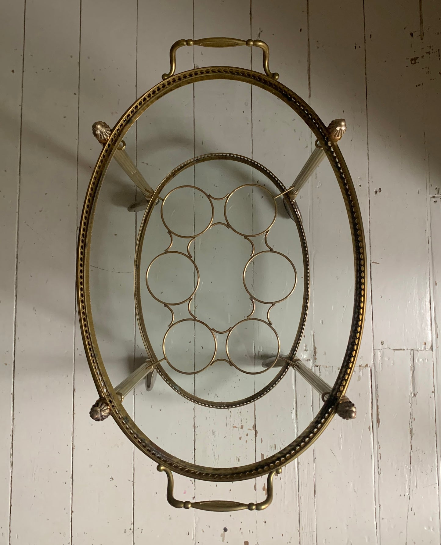 Vintage Hollywood Regency Neoclassical Brass Plated Drinks Trolley / Bar Cart