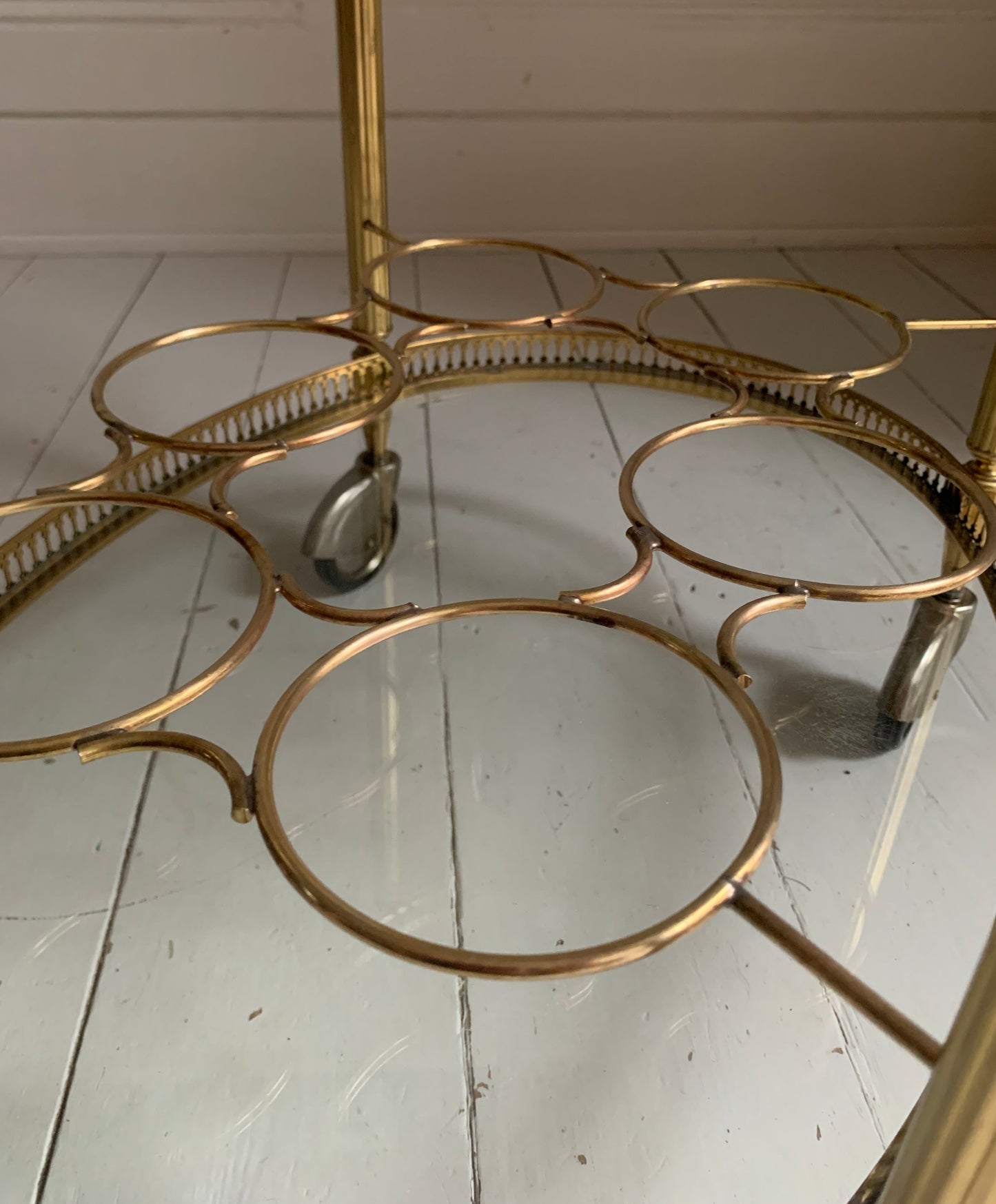 Vintage Hollywood Regency Neoclassical Brass Plated Drinks Trolley / Bar Cart