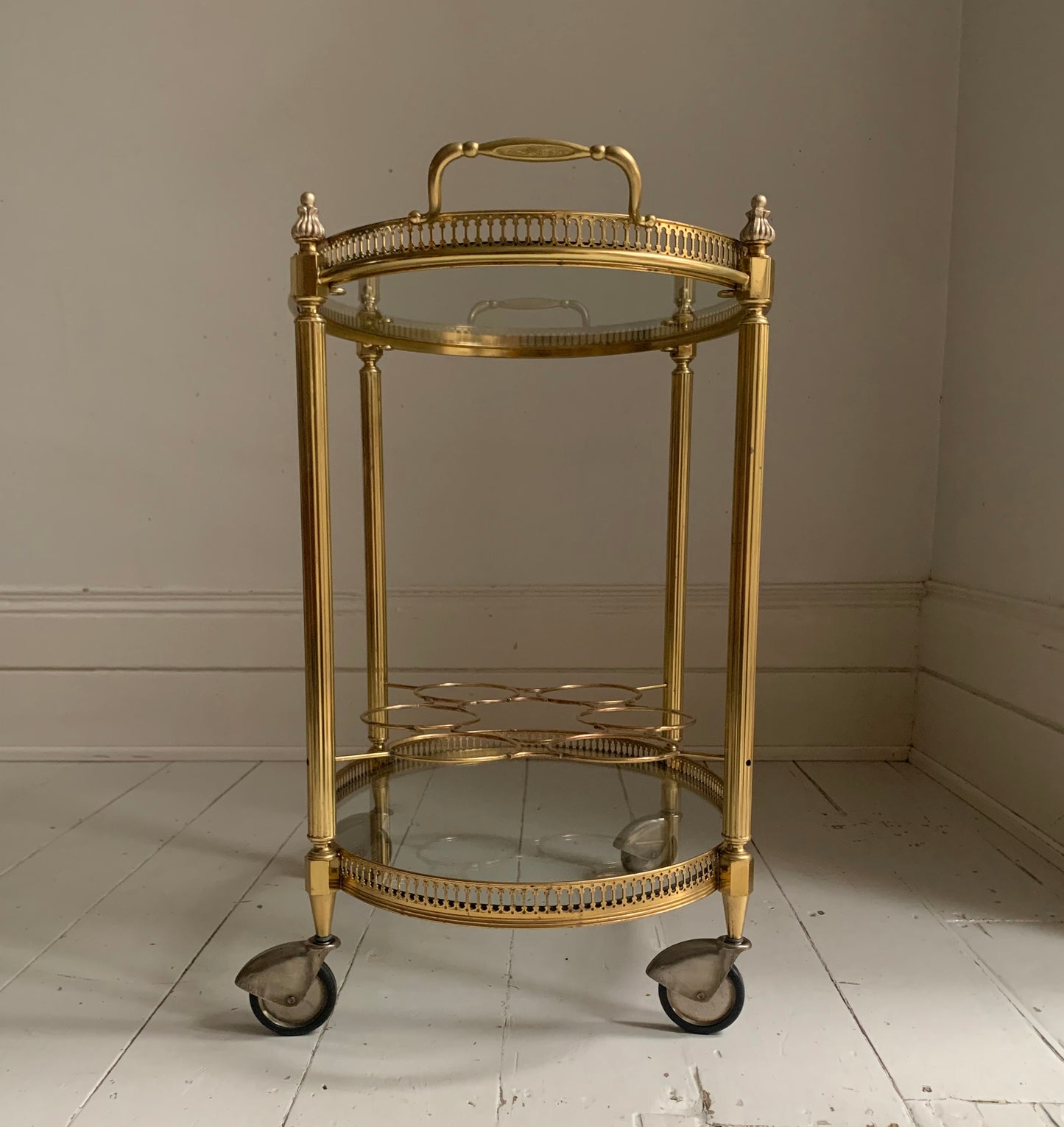 Vintage Hollywood Regency Neoclassical Brass Plated Drinks Trolley / Bar Cart