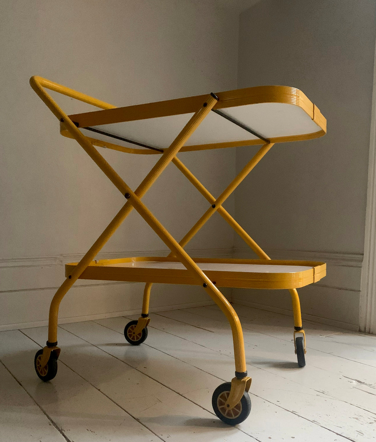 Vintage Bright Yellow Tubular Metal Folding Two Tier Drinks Trolley, Bar Cart