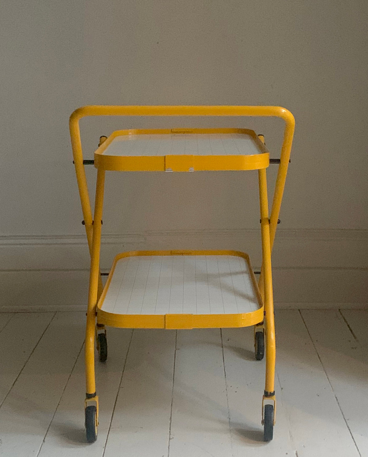 Vintage Bright Yellow Tubular Metal Folding Two Tier Drinks Trolley, Bar Cart