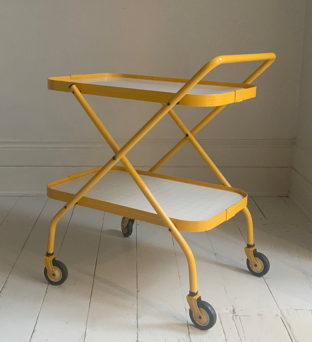Vintage Bright Yellow Tubular Metal Folding Two Tier Drinks Trolley, Bar Cart