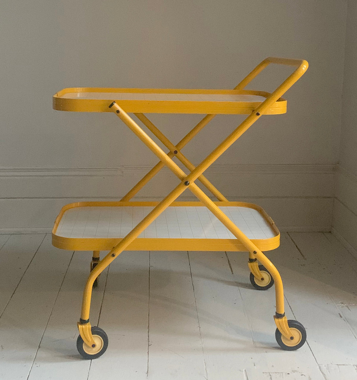 Vintage Bright Yellow Tubular Metal Folding Two Tier Drinks Trolley, Bar Cart