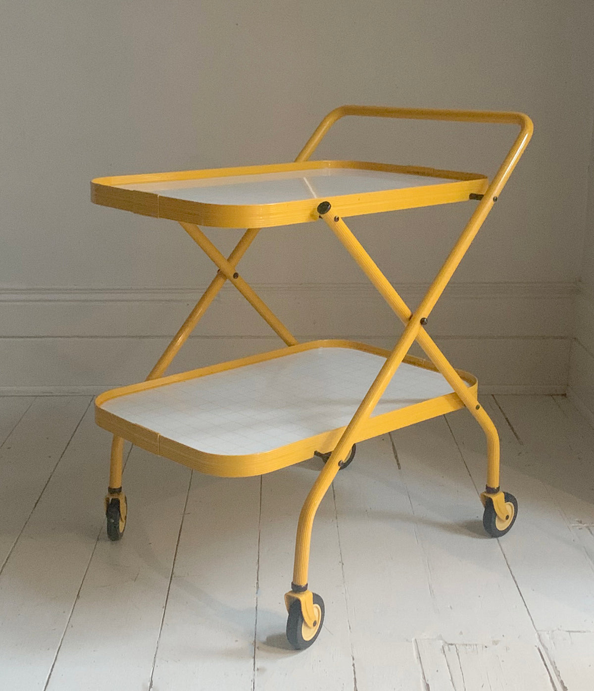 Vintage Bright Yellow Tubular Metal Folding Two Tier Drinks Trolley, Bar Cart
