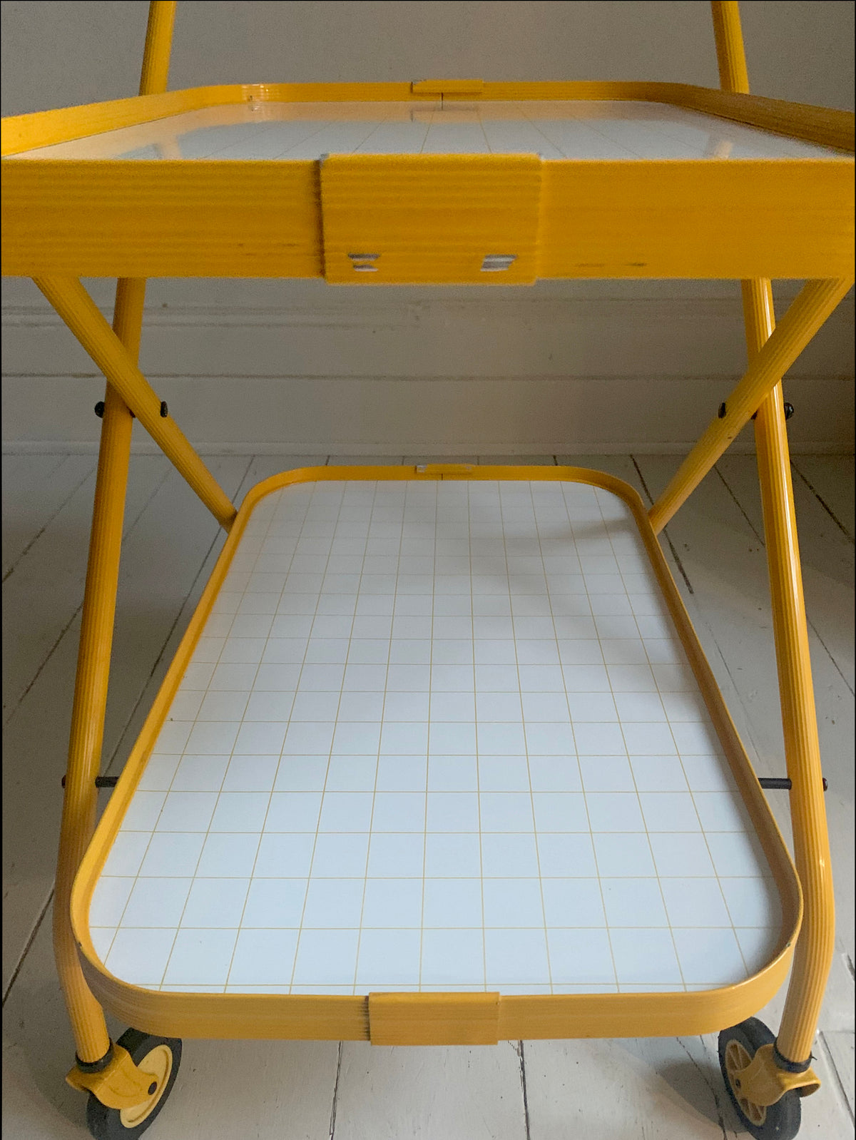 Vintage Bright Yellow Tubular Metal Folding Two Tier Drinks Trolley, Bar Cart