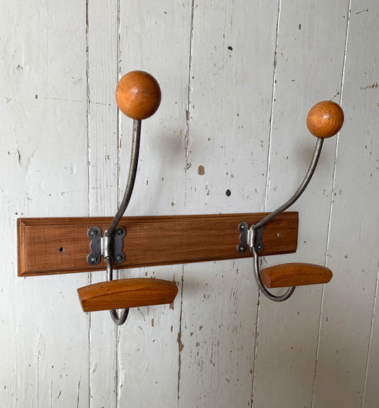 Vintage Wall Mounted Mid Century Modern Wooden Coat Rack with Two Double Hooks