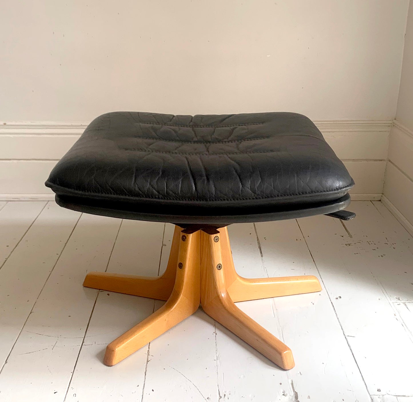 Mid Century Danish Black Leather / Blonde Wood Foot Stool by Berg Furniture