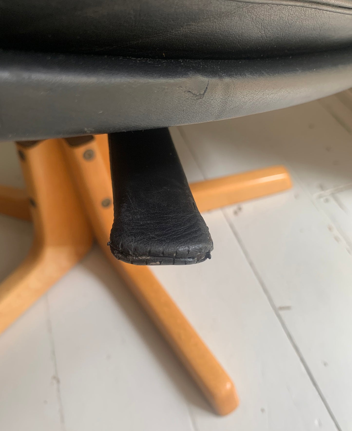 Mid Century Danish Black Leather / Blonde Wood Foot Stool by Berg Furniture