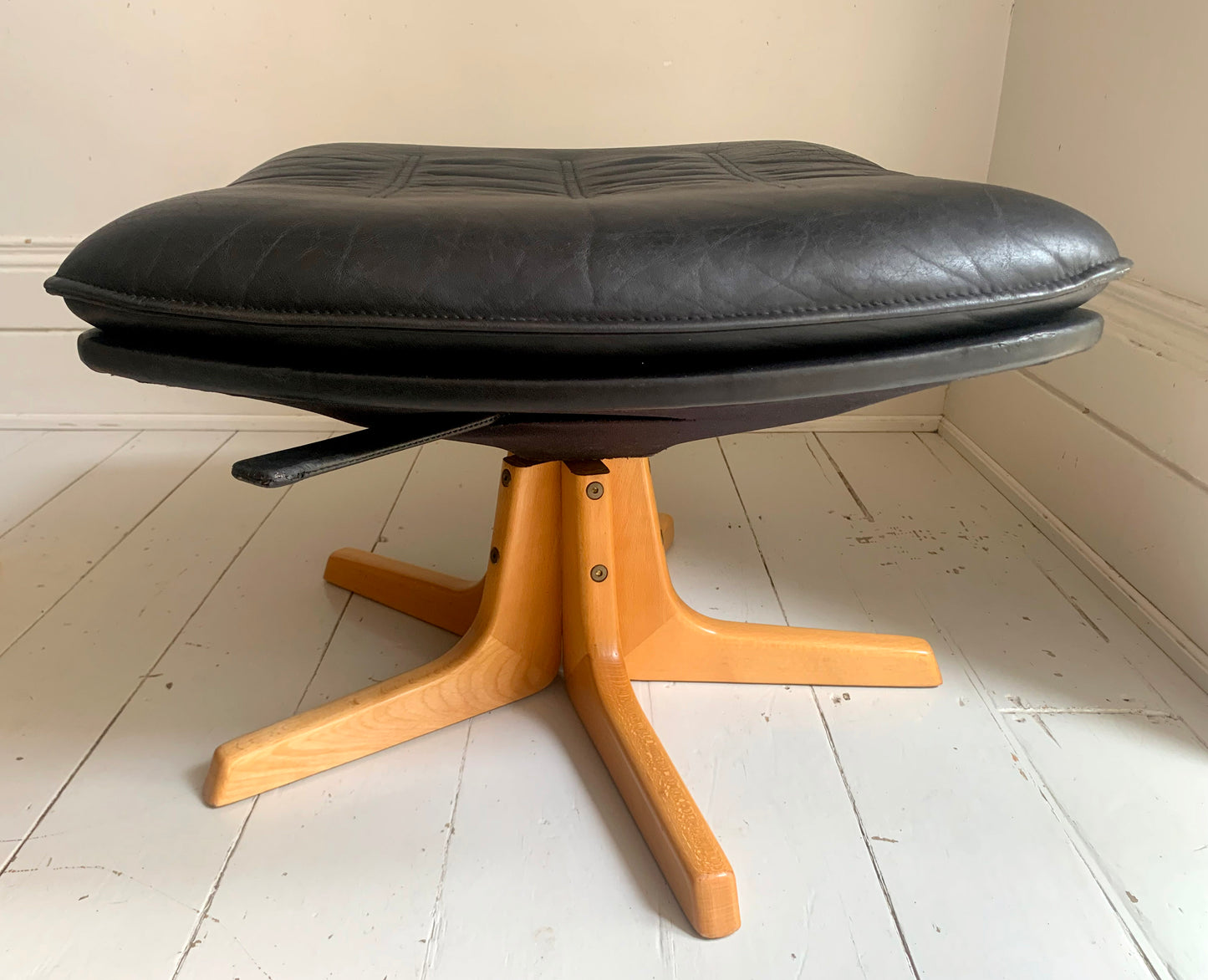 Mid Century Danish Black Leather / Blonde Wood Foot Stool by Berg Furniture