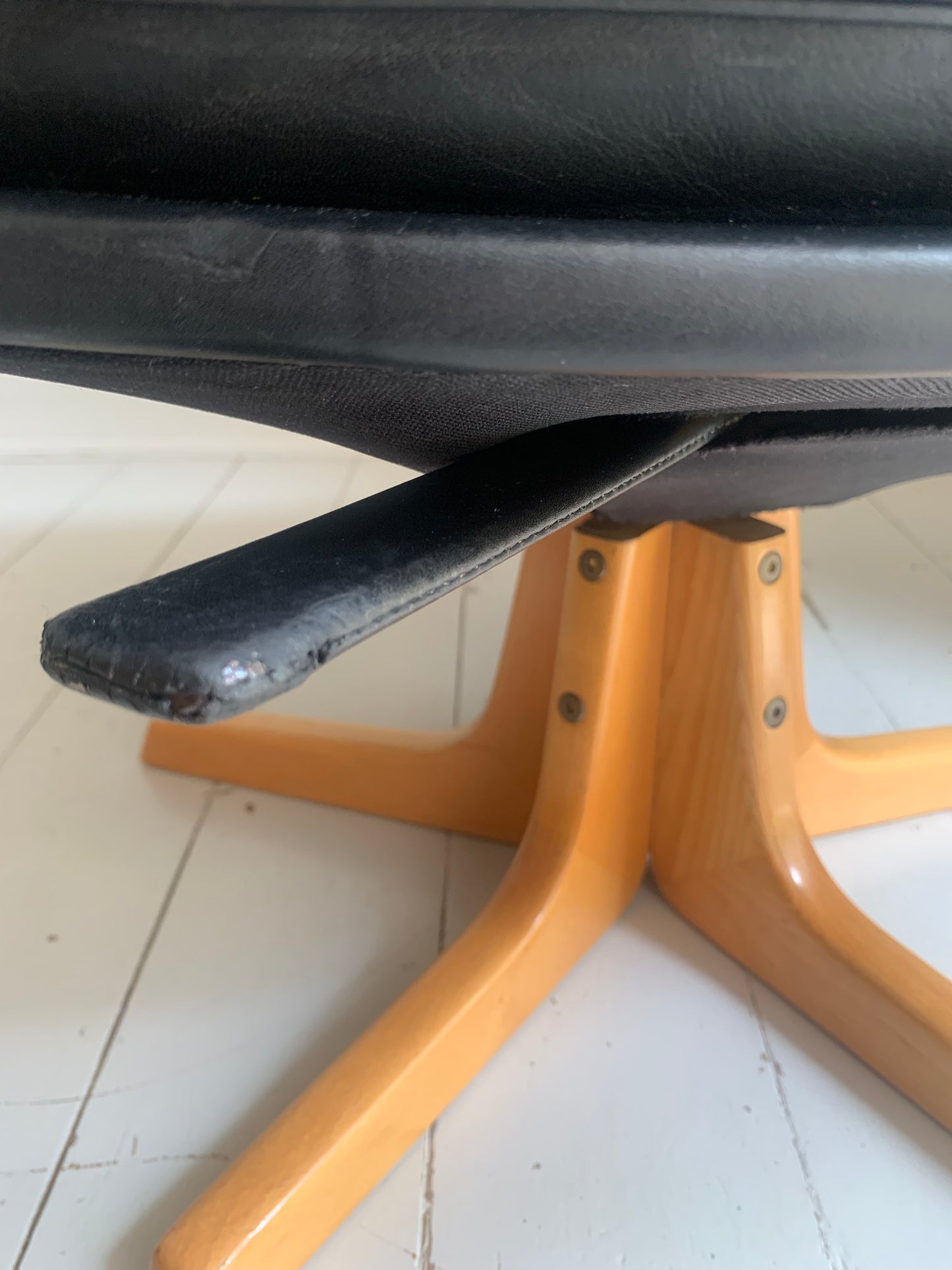 Mid Century Danish Black Leather / Blonde Wood Foot Stool by Berg Furniture