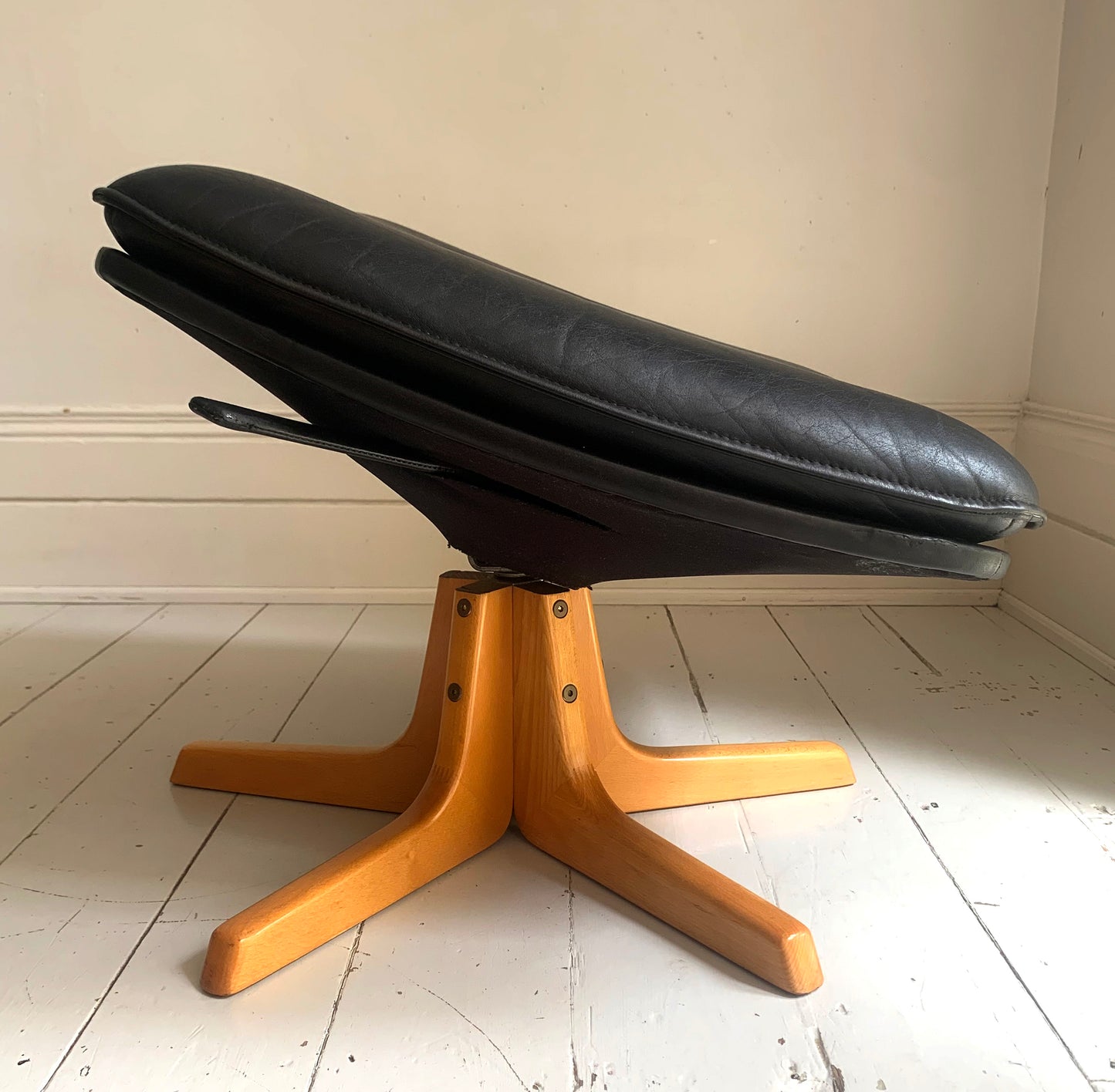 Mid Century Danish Black Leather / Blonde Wood Foot Stool by Berg Furniture