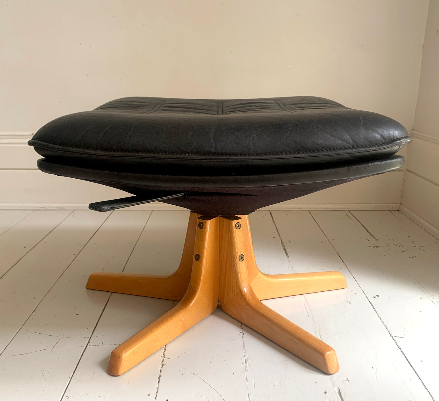 Mid Century Danish Black Leather / Blonde Wood Foot Stool by Berg Furniture