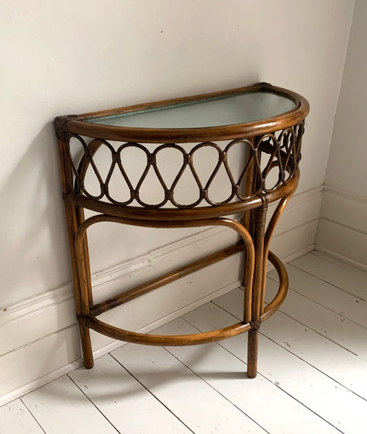 Vintage Rattan & Cane Glass Topped Mid Century Console Side Table