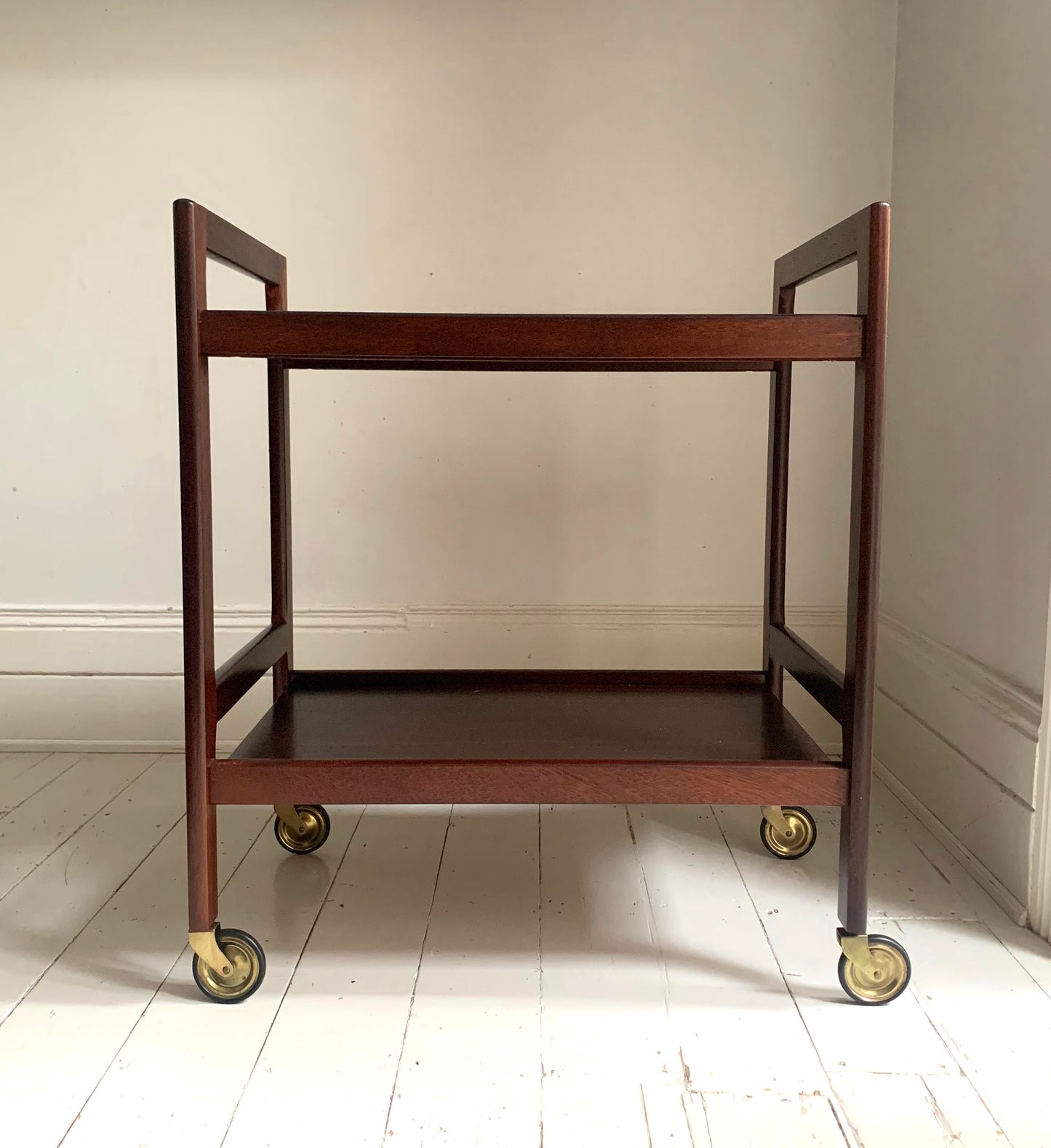 Vintage Mid Century Modern Dark Teak Drinks Trolley / Bar Cart With Brass Wheels