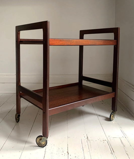 Vintage Mid Century Modern Dark Teak Drinks Trolley / Bar Cart With Brass Wheels