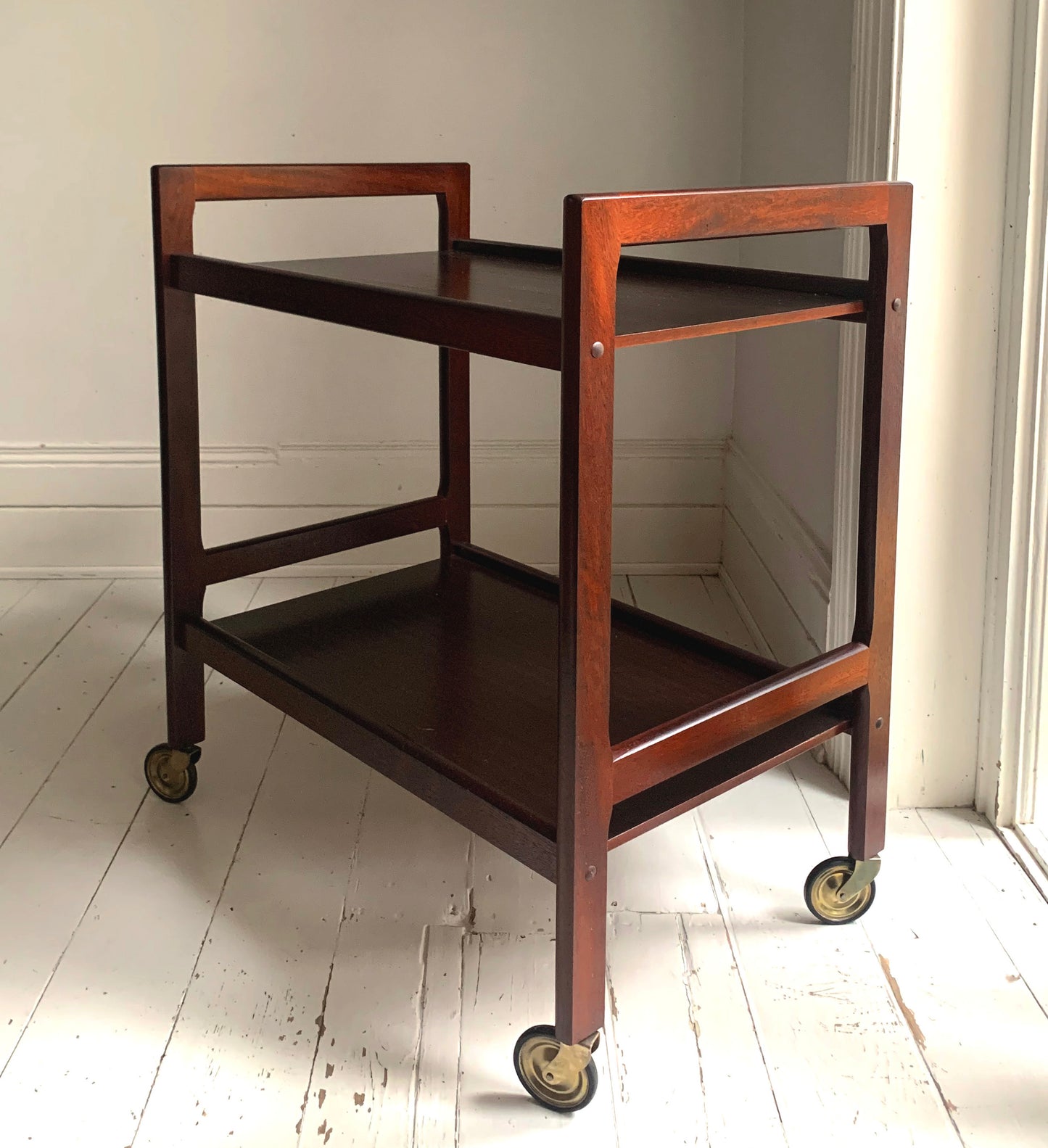 Vintage Mid Century Modern Dark Teak Drinks Trolley / Bar Cart With Brass Wheels