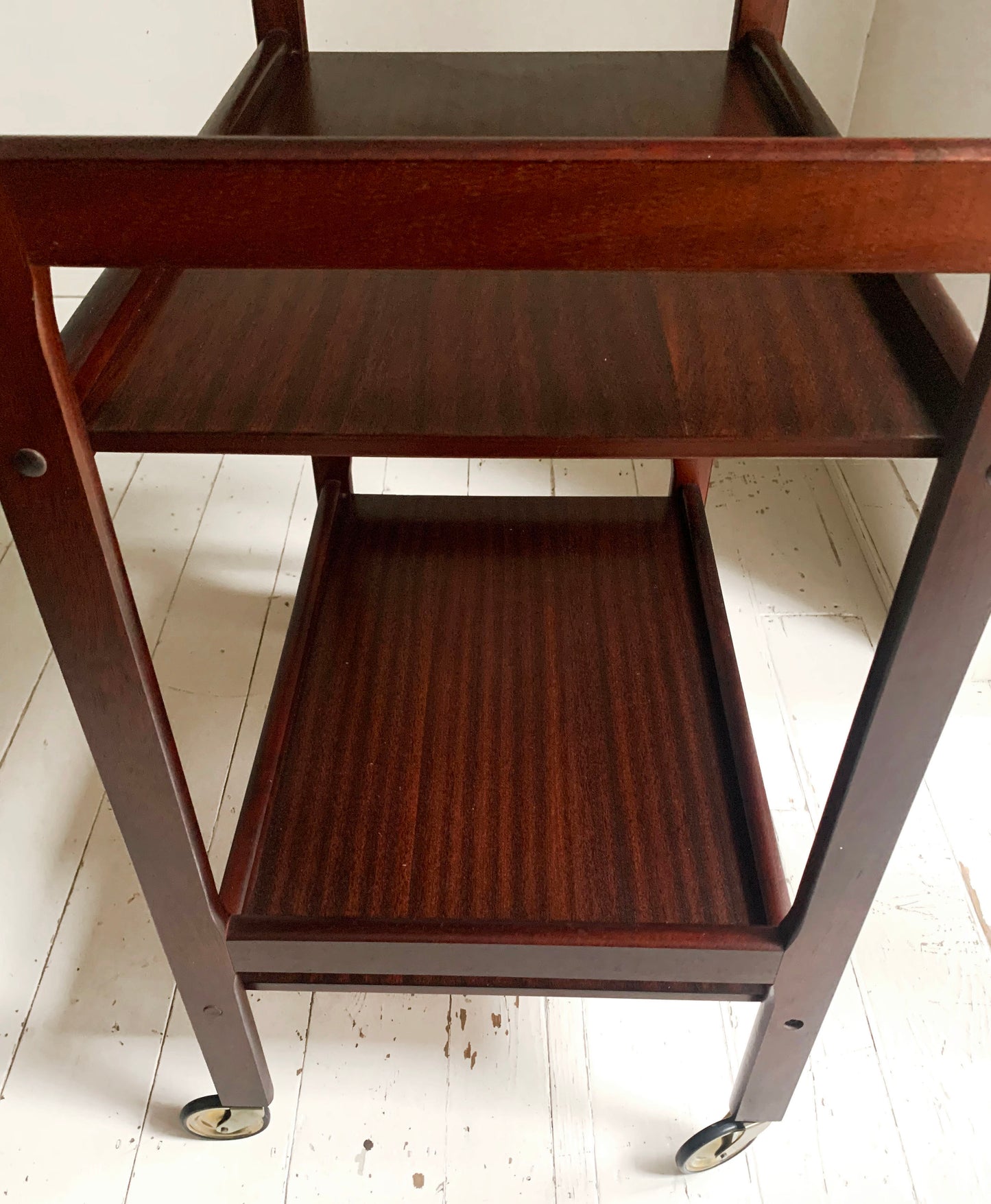 Vintage Mid Century Modern Dark Teak Drinks Trolley / Bar Cart With Brass Wheels