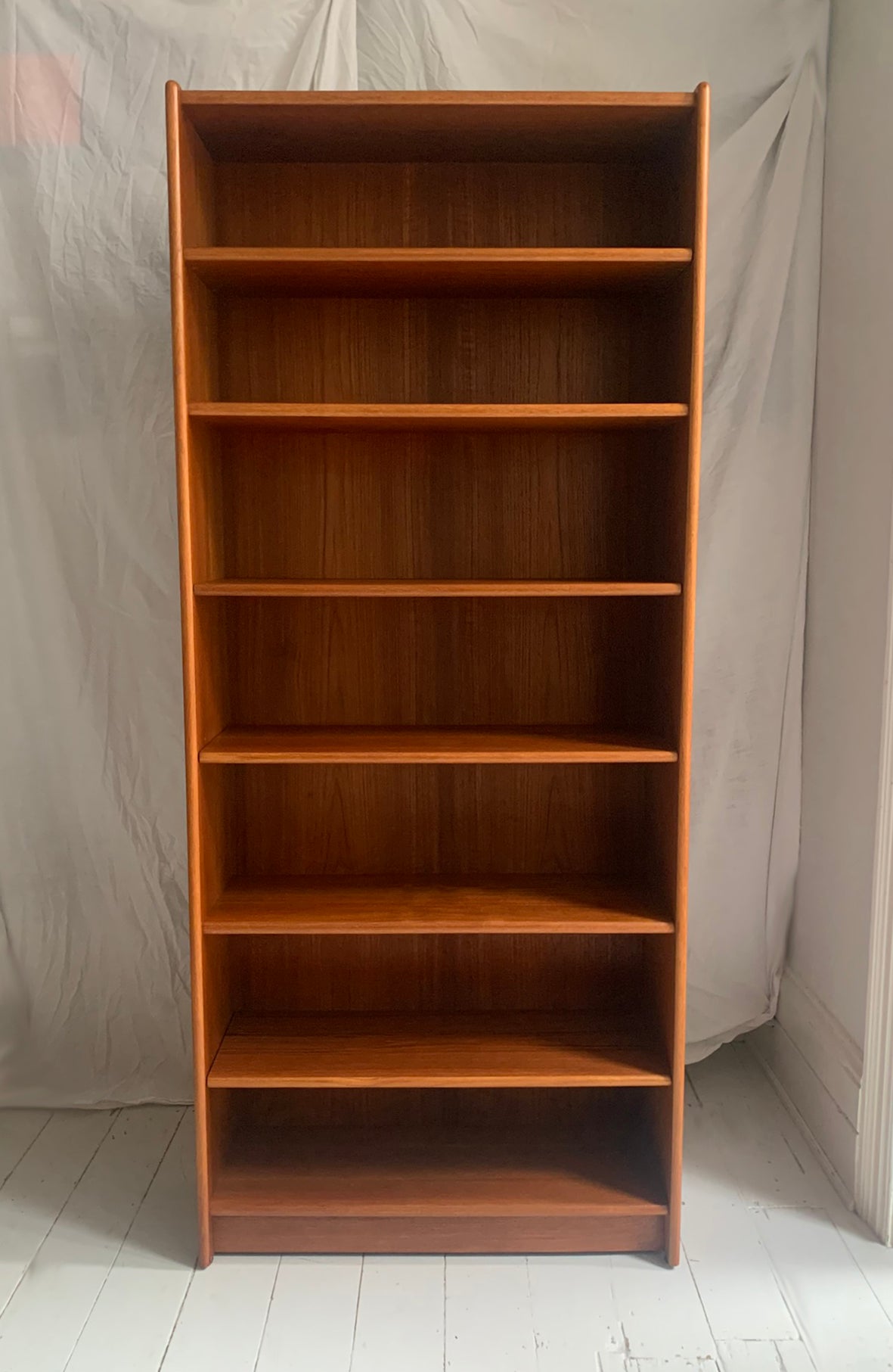 Vintage Mid Century Modern Teak Veneer Tall Bookcase with Six Shelves