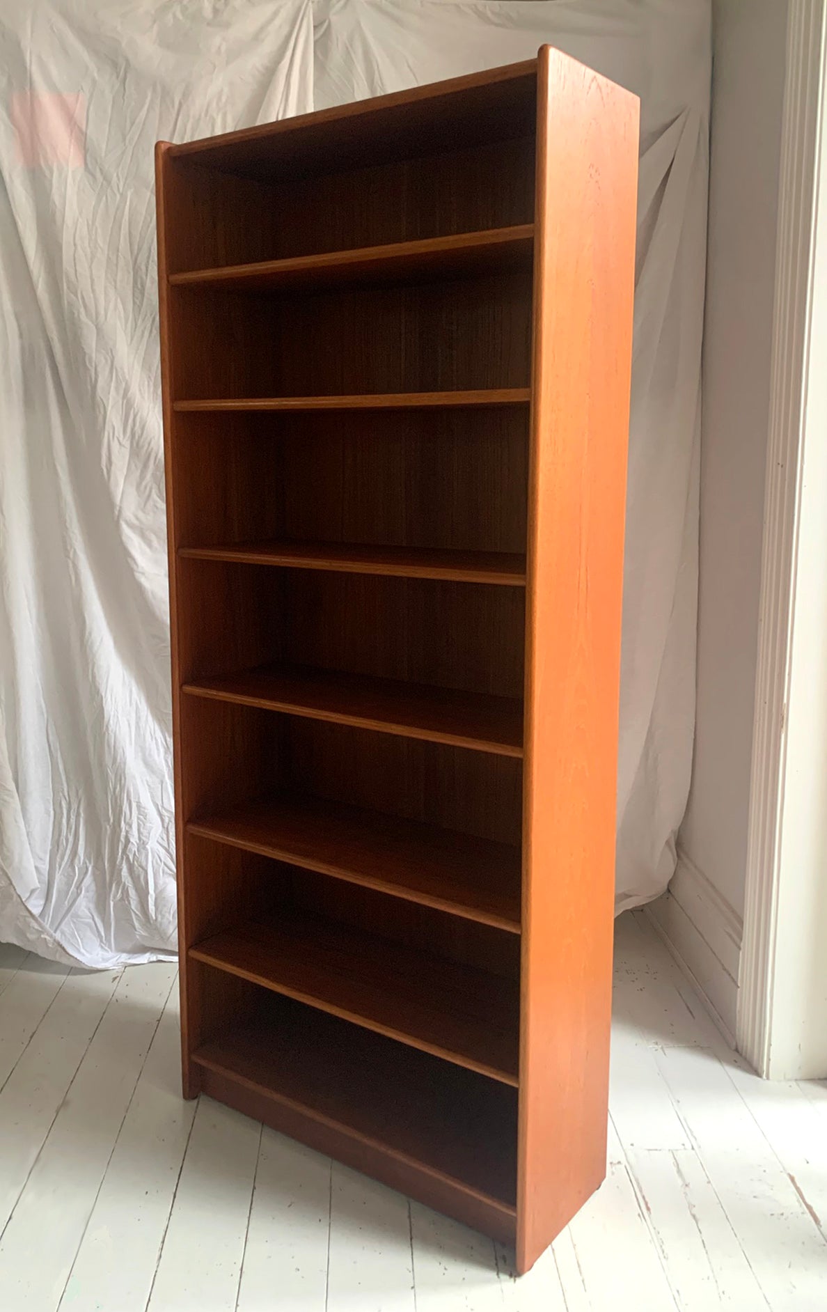Vintage Mid Century Modern Teak Veneer Tall Bookcase with Six Shelves