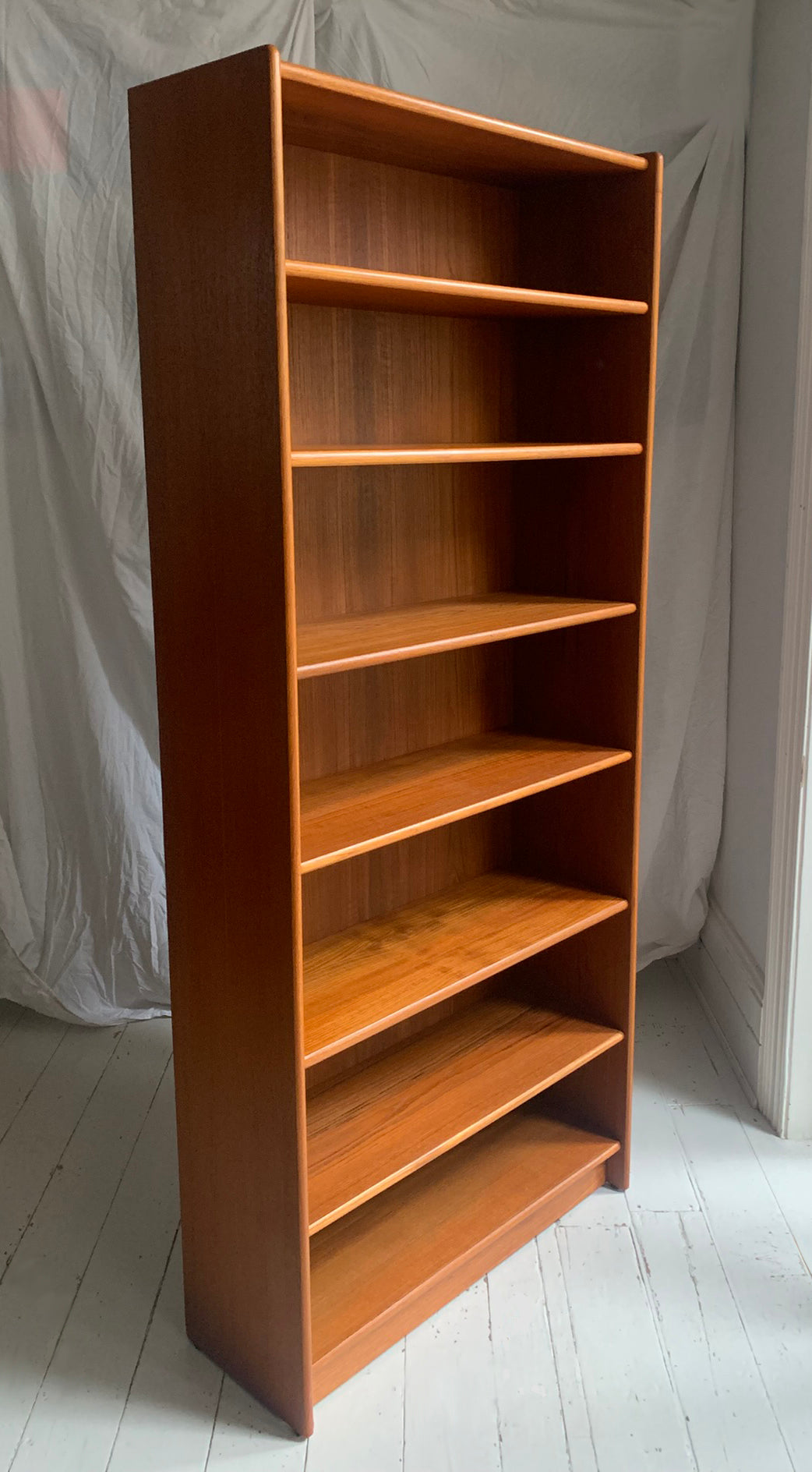 Vintage Mid Century Modern Teak Veneer Tall Bookcase with Six Shelves