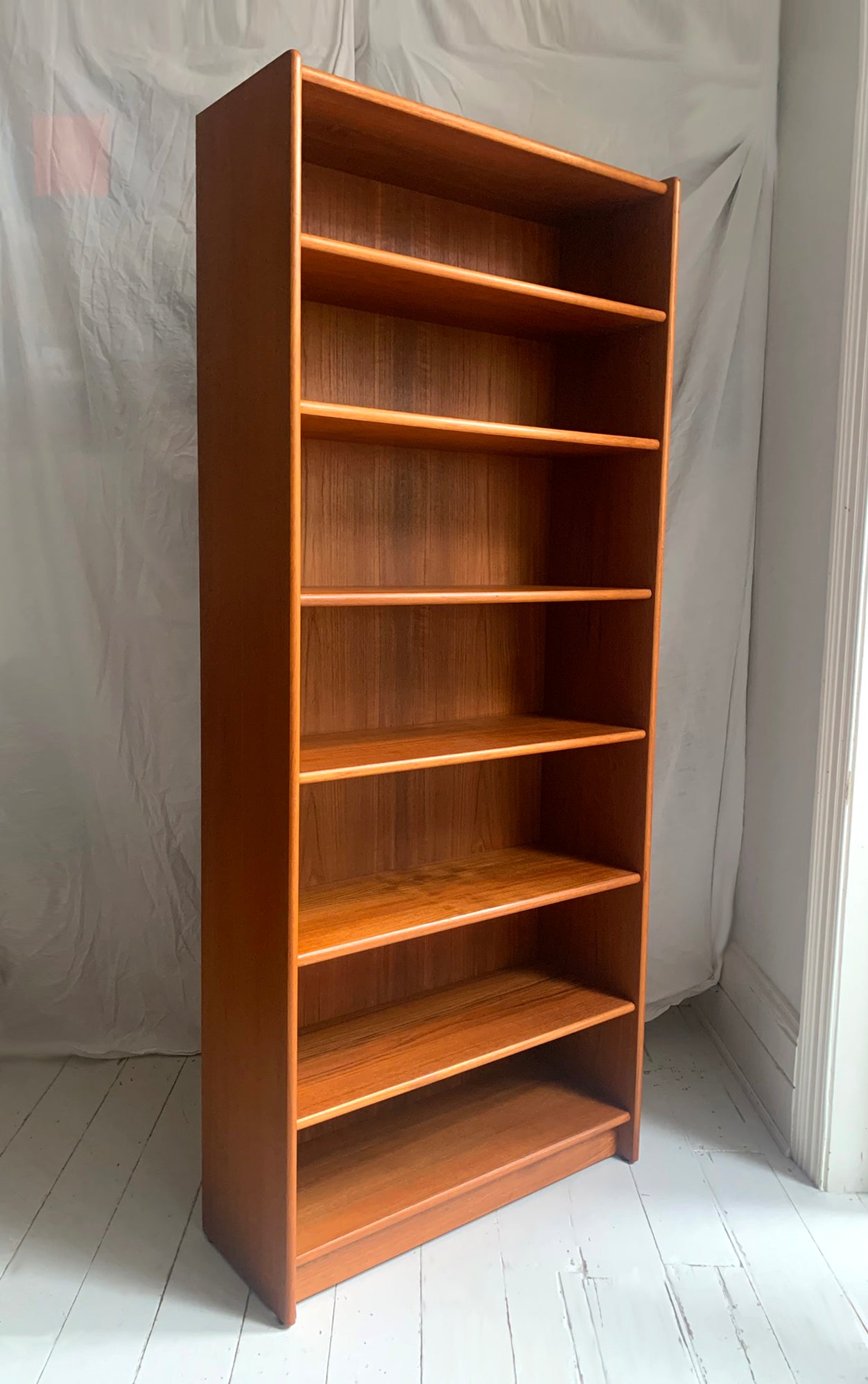 Vintage Mid Century Modern Teak Veneer Tall Bookcase with Six Shelves