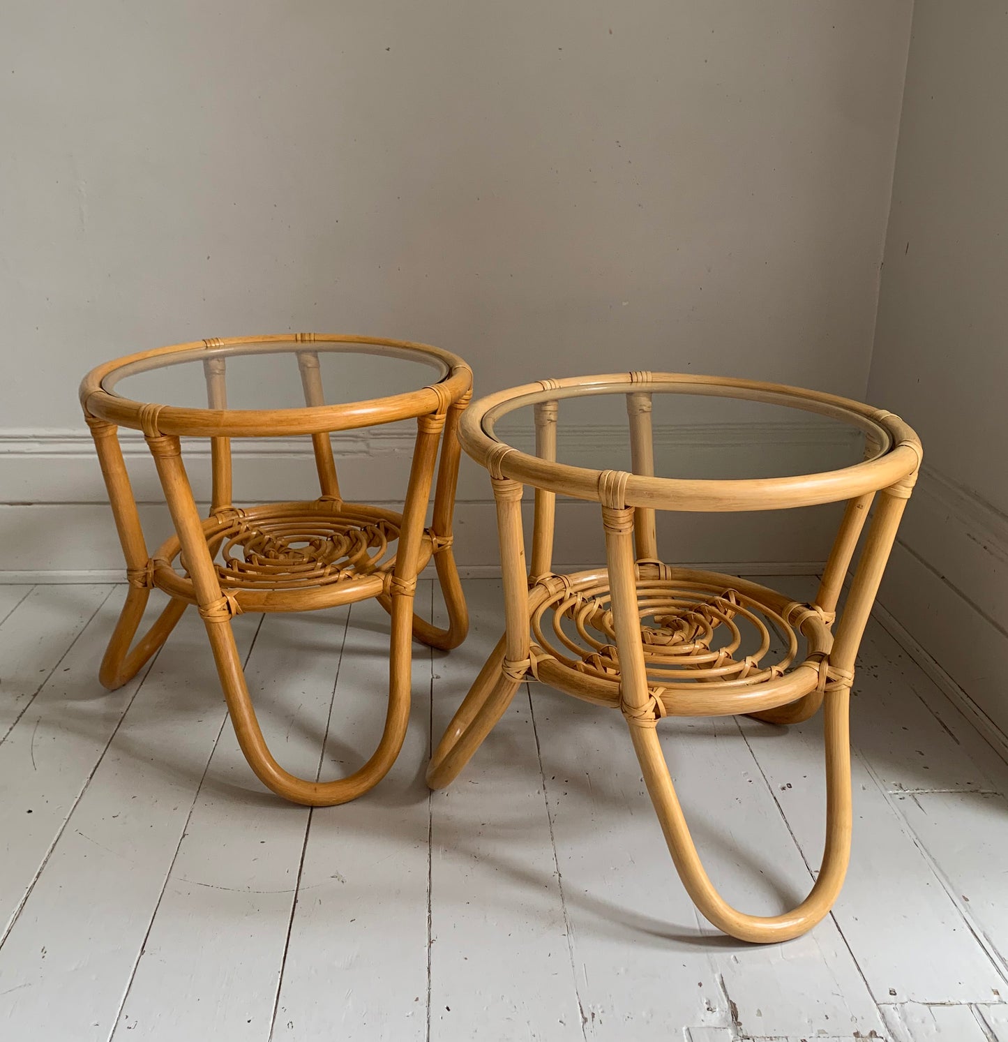 Vintage Mid Century Modern Pair of Rattan & Glass Round Side / Bedside Tables