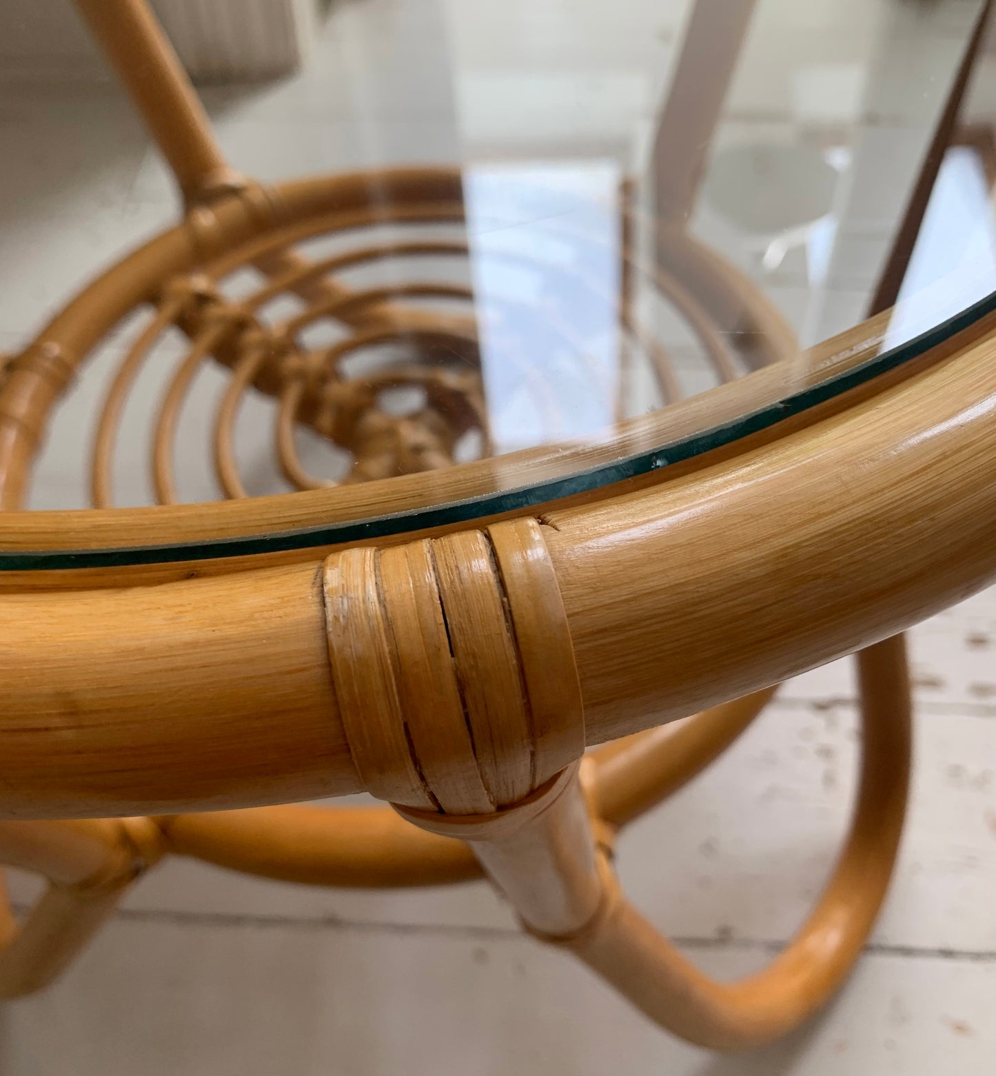 Vintage Mid Century Modern Pair of Rattan & Glass Round Side / Bedside Tables