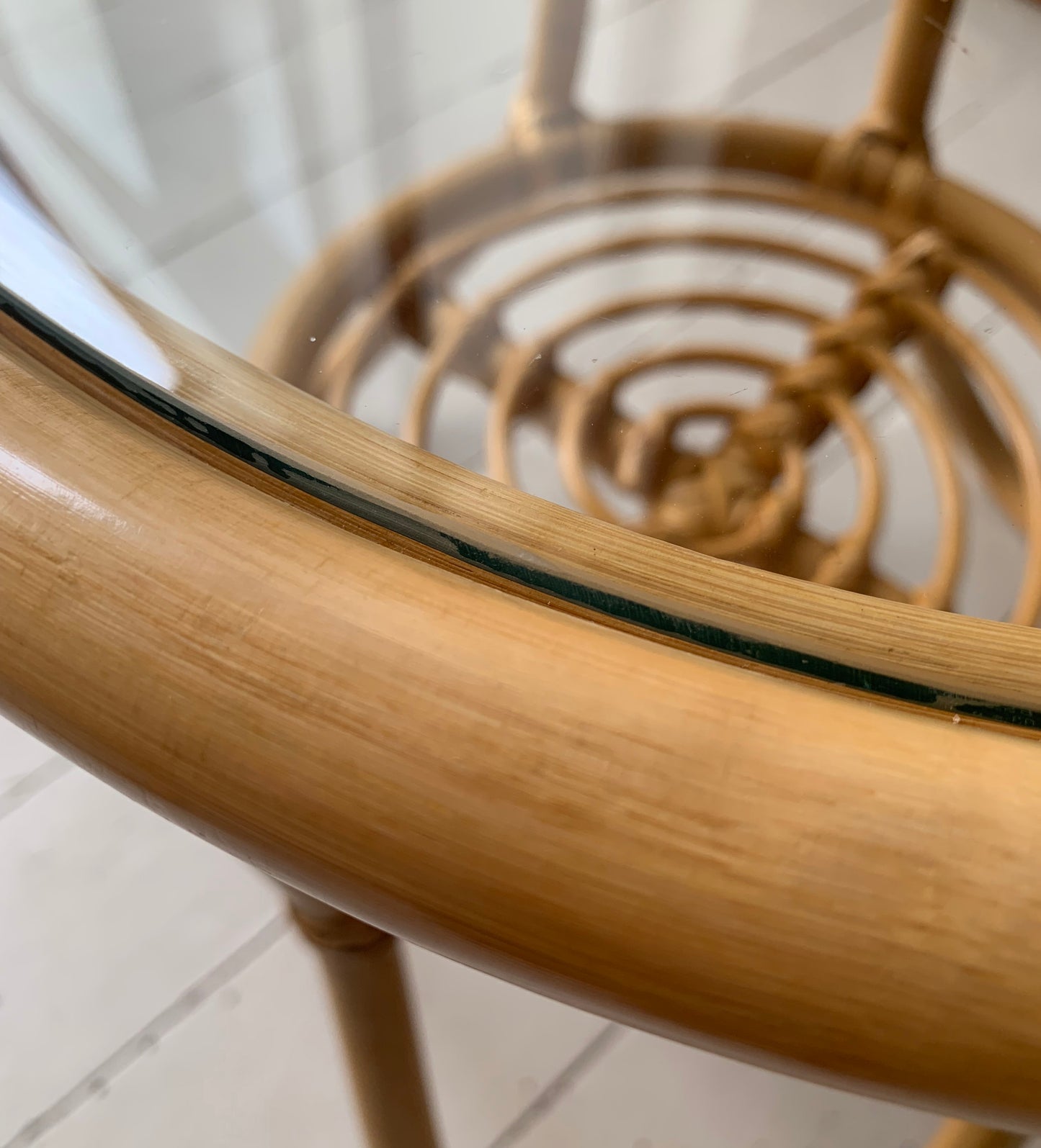 Vintage Mid Century Modern Pair of Rattan & Glass Round Side / Bedside Tables