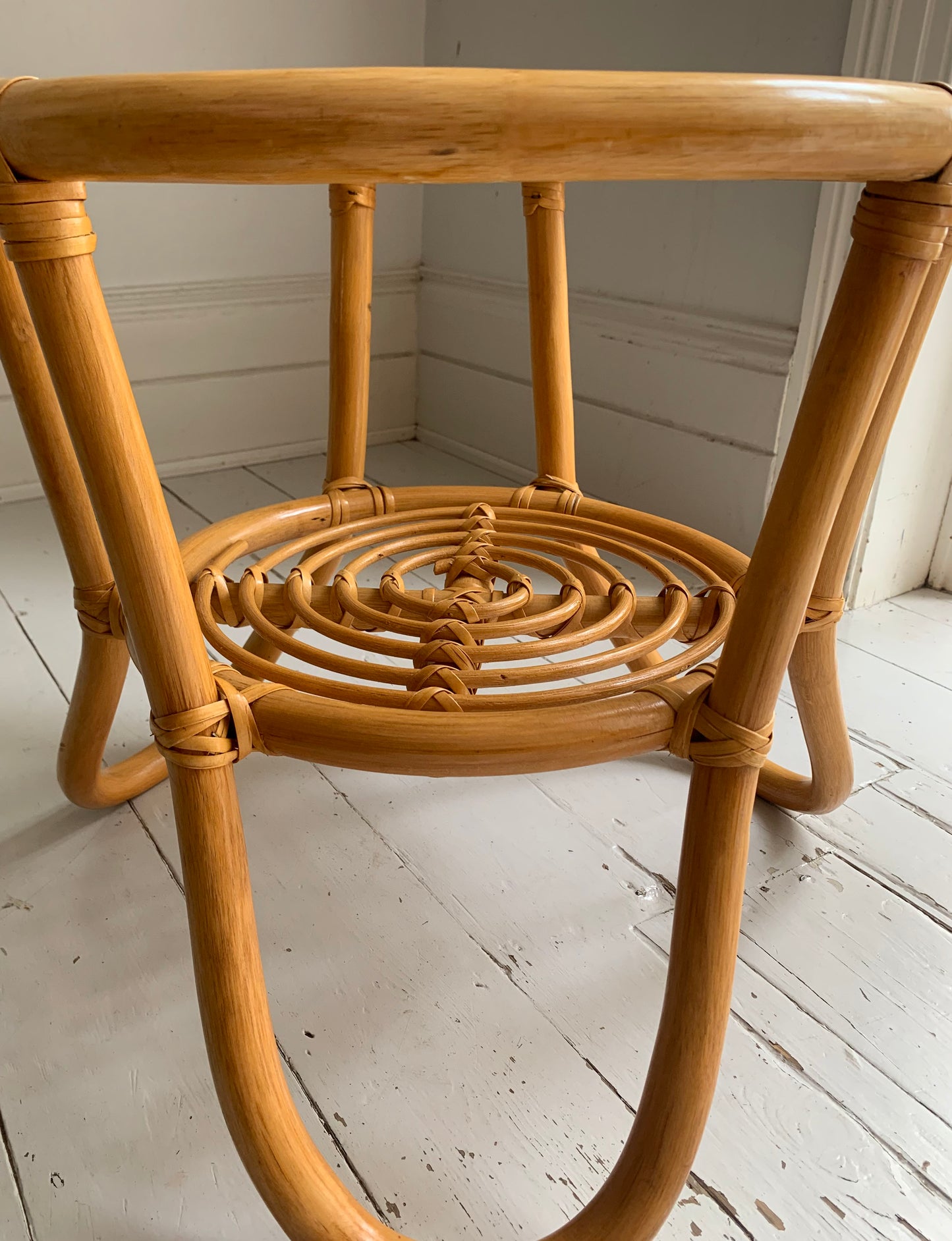 Vintage Mid Century Modern Pair of Rattan & Glass Round Side / Bedside Tables